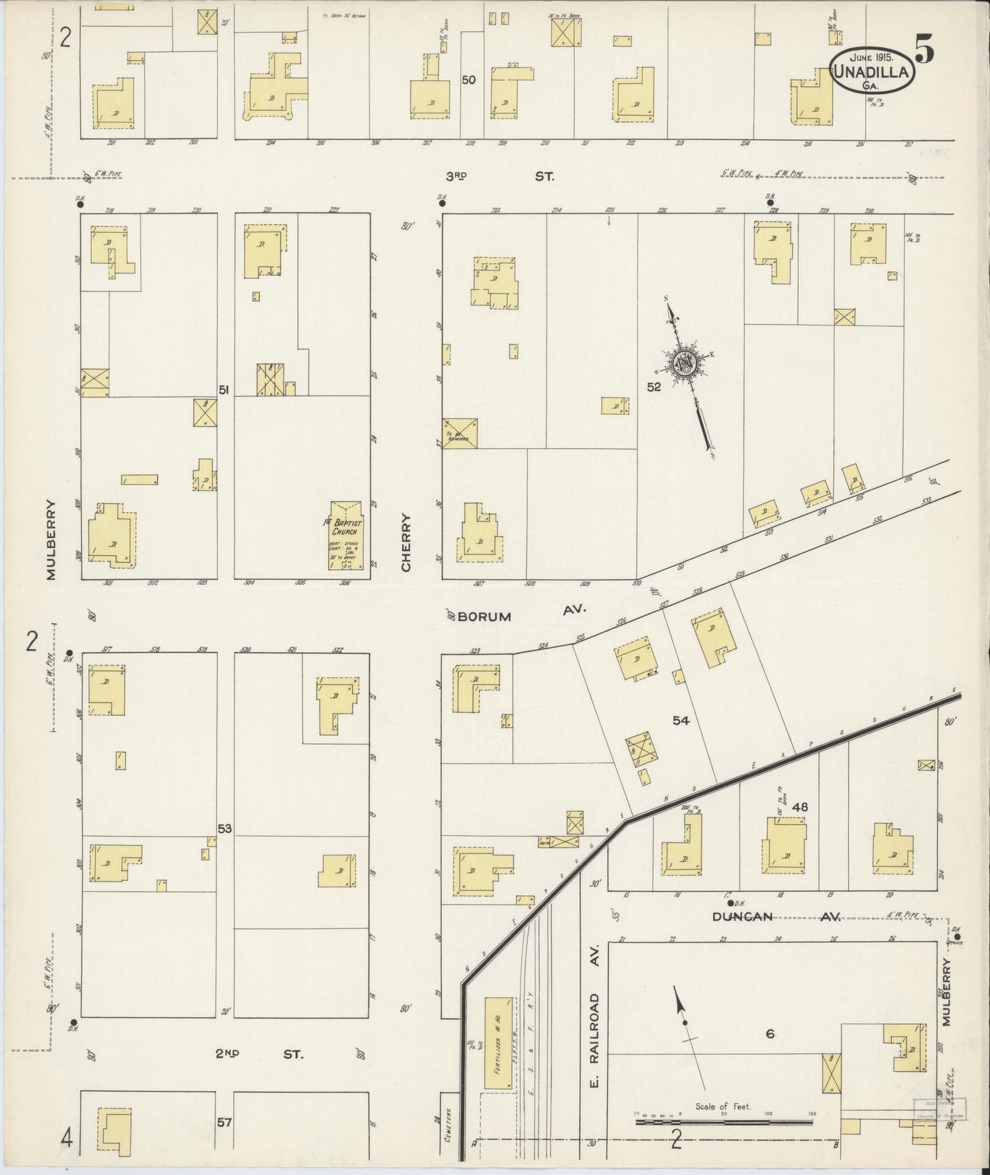 Sanborn Fire Insurance Map from Unadilla, Dooly County, Georgia (1915), Sheet #0005 - Historic Sanborn Fire Insurance Map Print, vintage old map wall art, antique decor, genealogy gift, Georgia Georgia map