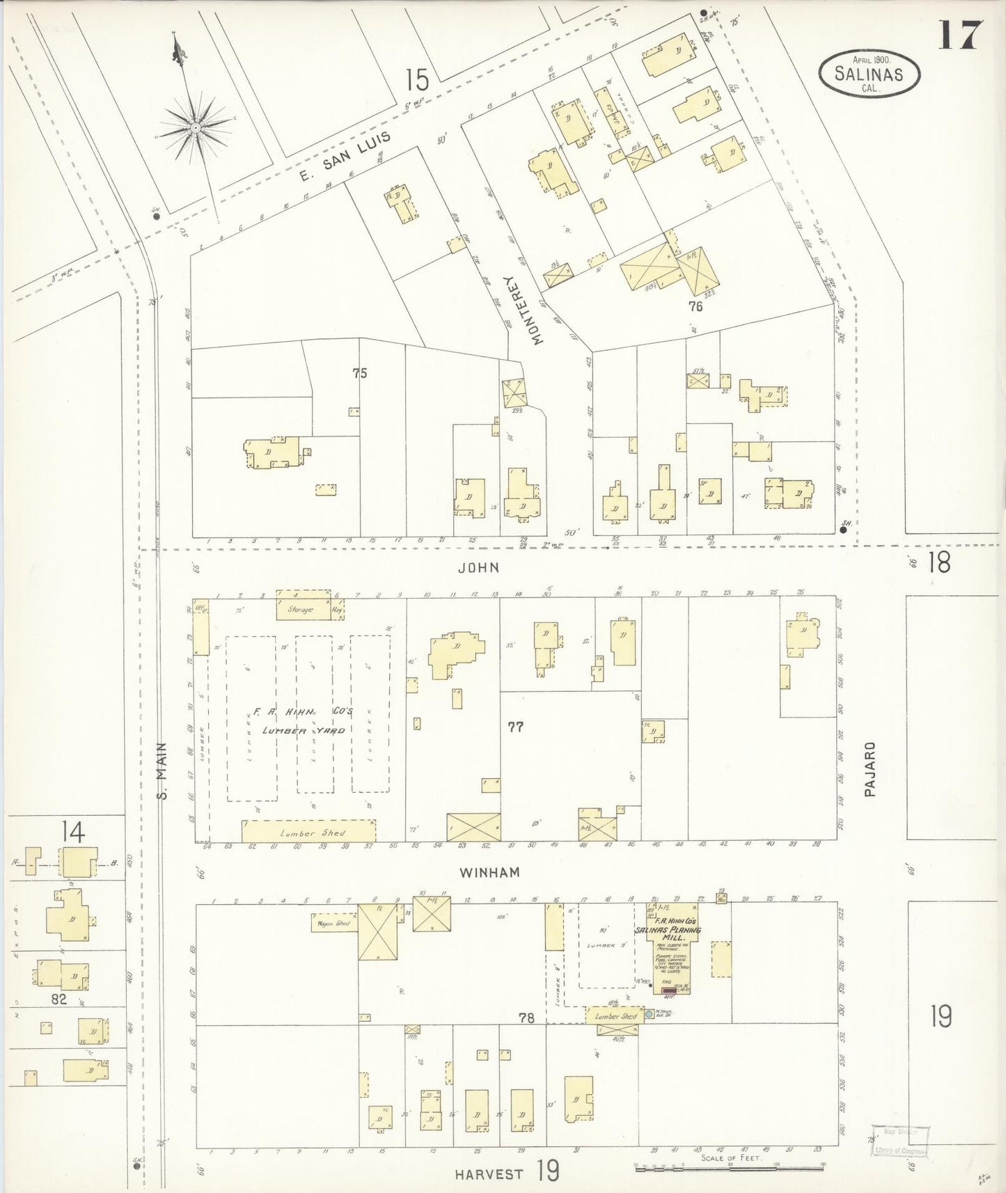 Sanborn Fire Insurance Map from Salinas, Monterey County, California (1900), Sheet #0017 - Complete Map Set gallery image, historic Sanborn map, vintage wall art, California California