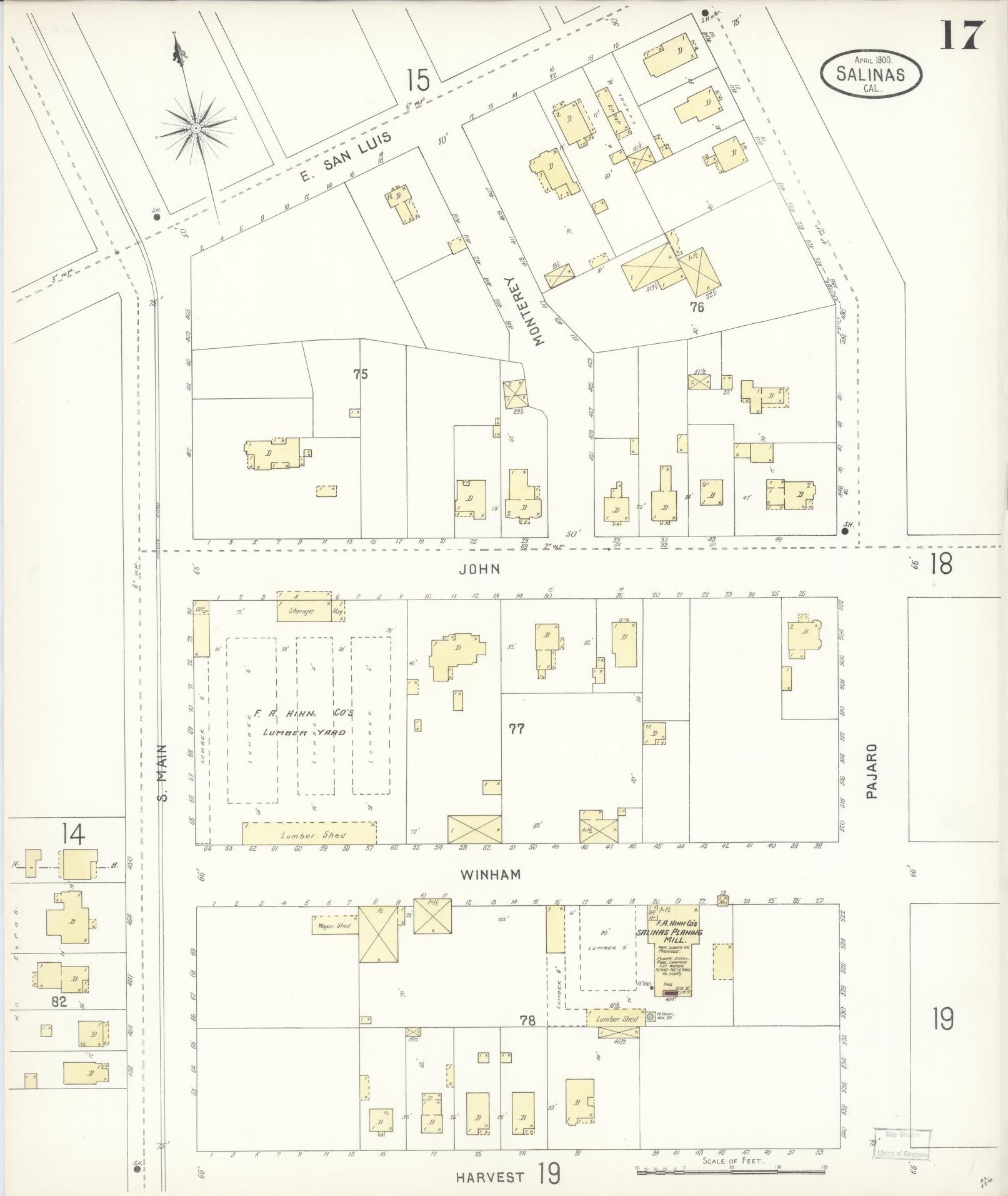 Sanborn Fire Insurance Map from Salinas, Monterey County, California (1900), Sheet #0017 - Complete Map Set gallery image, historic Sanborn map, vintage wall art, California California