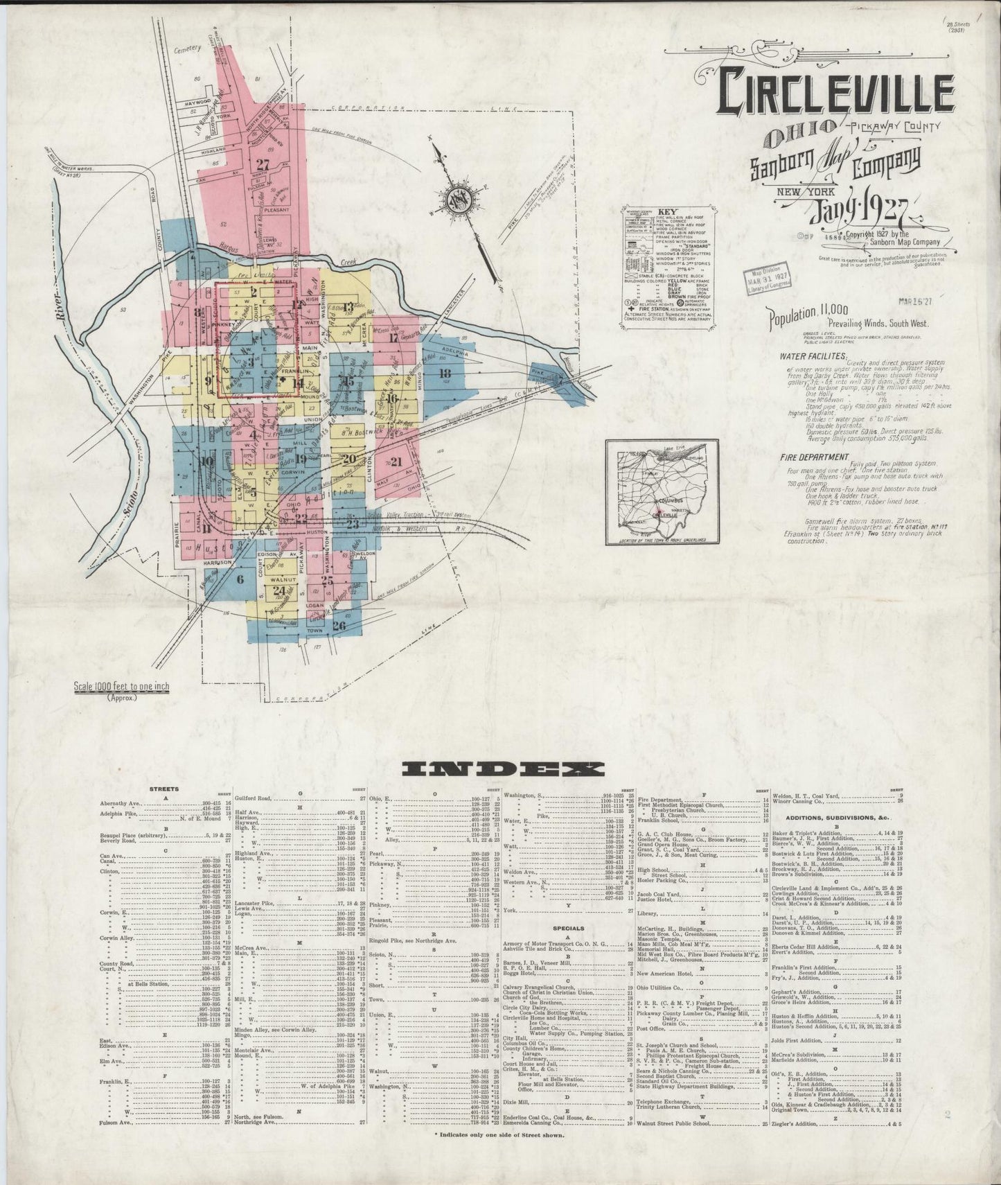 Sanborn Fire Insurance Map from Circleville, Pickaway County, Ohio (1927), Sheet #0001 - Historic Sanborn Fire Insurance Map Print, vintage old map wall art, antique decor, genealogy gift, Ohio Ohio map