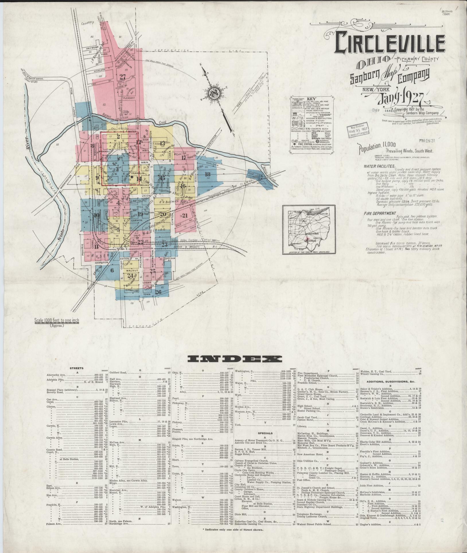 Sanborn Fire Insurance Map from Circleville, Pickaway County, Ohio (1927), Sheet #0001 - Historic Sanborn Fire Insurance Map Print, vintage old map wall art, antique decor, genealogy gift, Ohio Ohio map