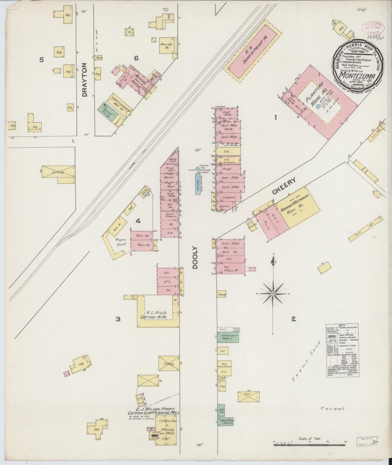 Sanborn Fire Insurance Map from Montezuma, Macon County, Georgia (1890), Sheet #0001 - Historic Sanborn Fire Insurance Map Print, vintage old map wall art, antique decor, genealogy gift, Georgia Georgia map