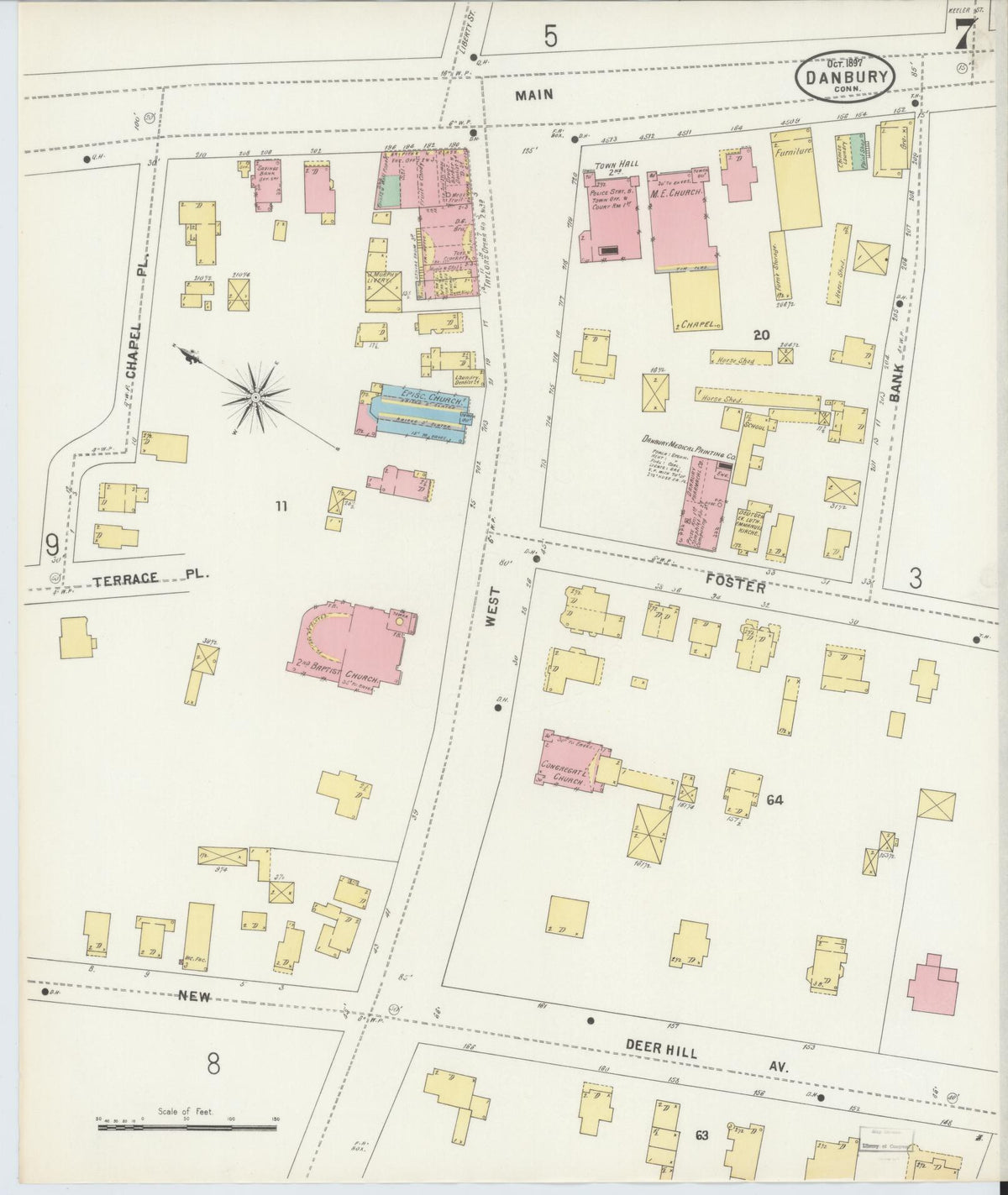 Sanborn Fire Insurance Map from Danbury, Fairfield County, Connecticut (1897), Sheet #0007 - Historic Sanborn Fire Insurance Map Print, vintage old map wall art, antique decor, genealogy gift, Connecticut Connecticut map