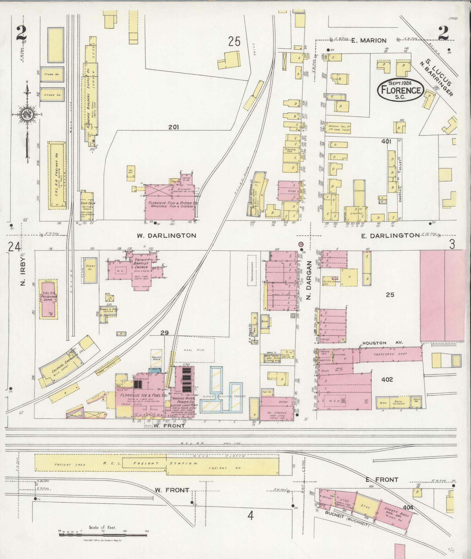 Sanborn Fire Insurance Map from Florence, Florence County, South Carolina (1924), Sheet #0002 - Complete Map Set gallery image, historic Sanborn map, vintage wall art, South Carolina South Carolina