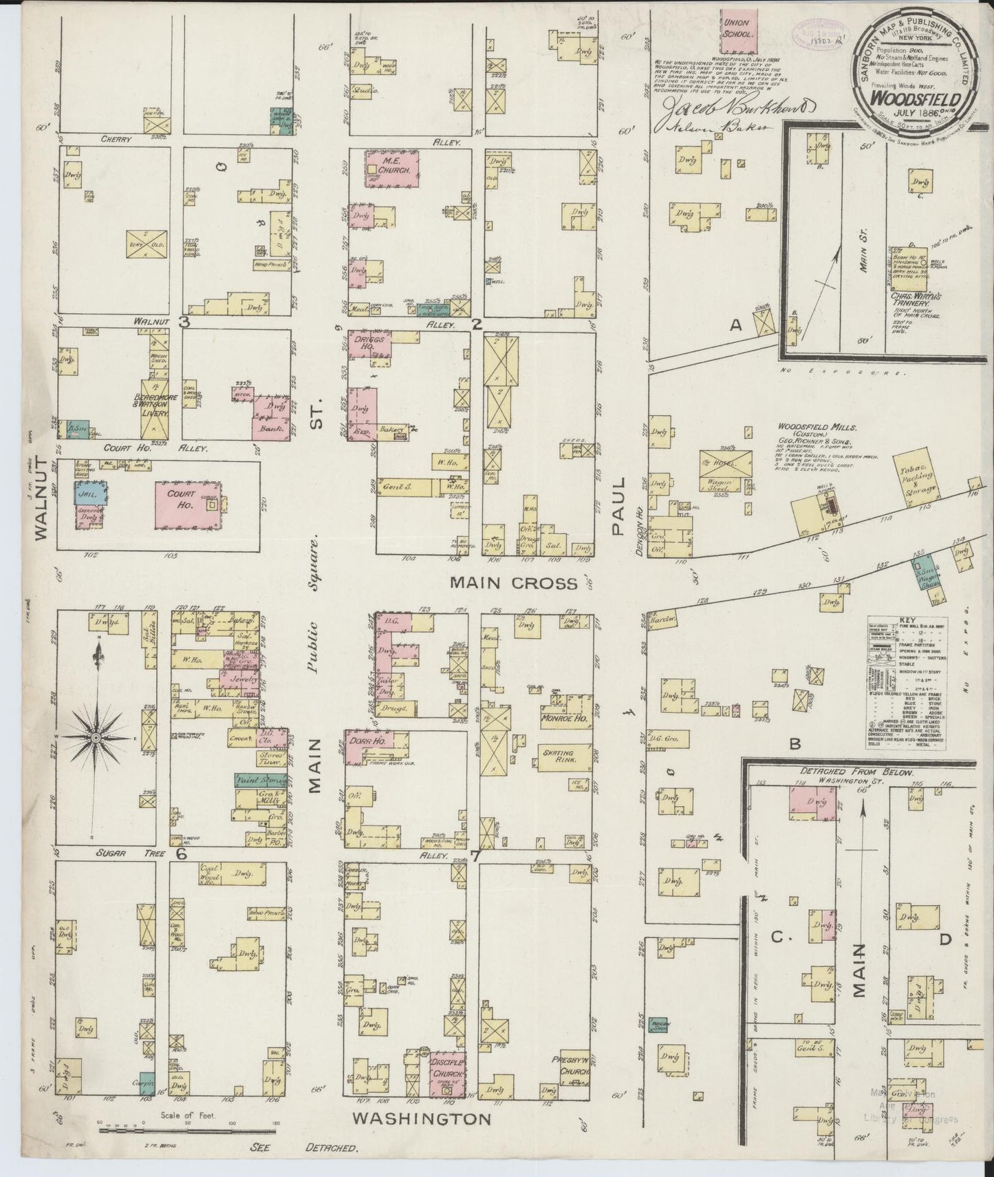 Sanborn Fire Insurance Map from Woodsfield, Monroe County, Ohio (1886), Sheet #0001 - Historic Sanborn Fire Insurance Map Print, vintage old map wall art, antique decor, genealogy gift, Ohio Ohio map