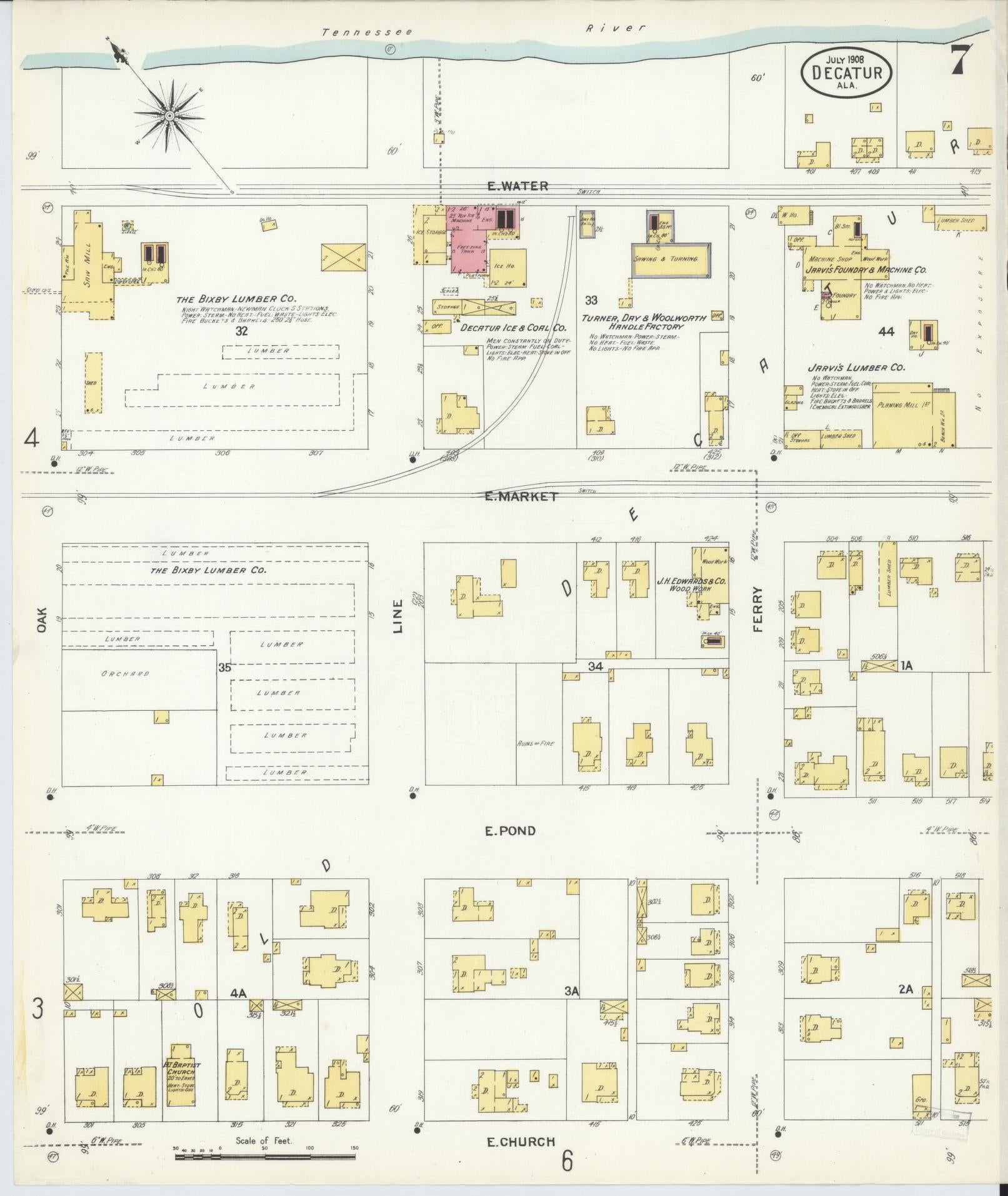 Sanborn Fire Insurance Map from Decatur, Morgan County, Alabama (1908), Sheet #0007 - Complete Map Set gallery image, historic Sanborn map, vintage wall art, Alabama Alabama