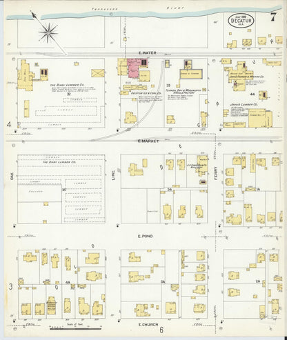 Sanborn Fire Insurance Map from Decatur, Morgan County, Alabama (1908), Sheet #0007 - Complete Map Set gallery image, historic Sanborn map, vintage wall art, Alabama Alabama