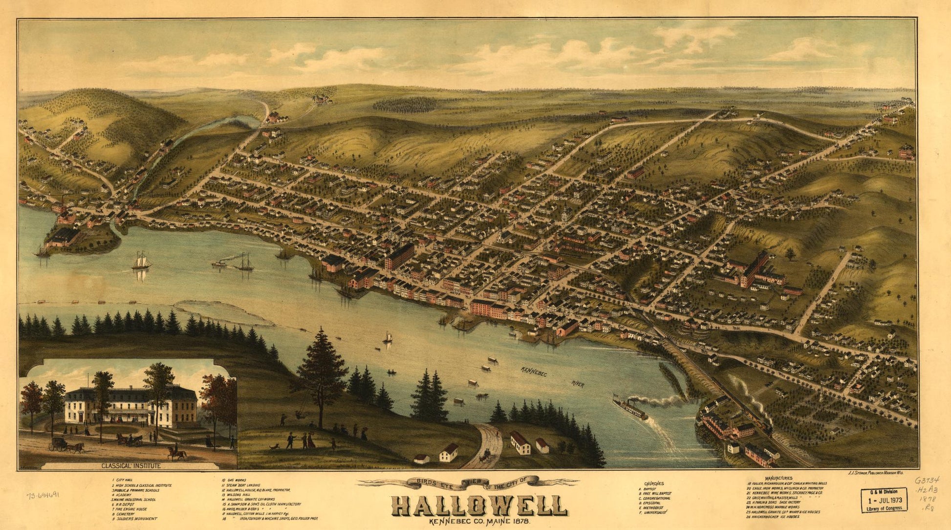 Bird's eye view of the city of Hallowell, Kennebec Co., Maine 1878. (1878) – Historic Bird’s-Eye View Panorama Print