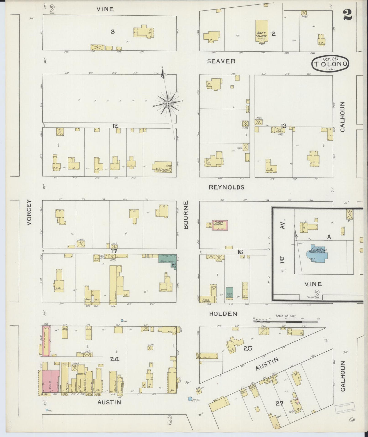 Sanborn Fire Insurance Map from Tolono, Champaign County, Illinois (1893), Sheet #0002 - Historic Sanborn Fire Insurance Map Print, vintage old map wall art, antique decor, genealogy gift, Illinois Illinois map