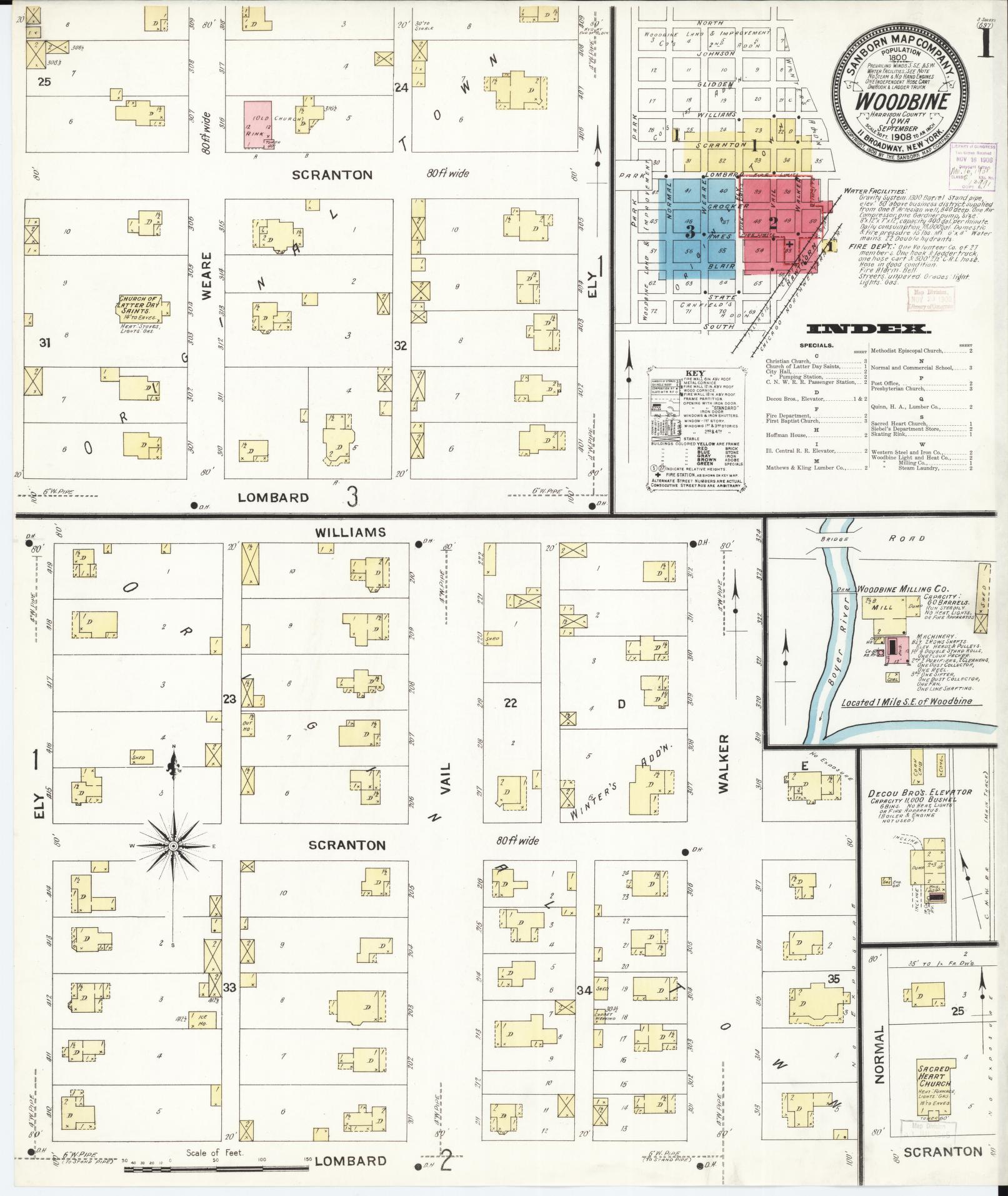 Sanborn Fire Insurance Map from Woodbine, Harrison County, Iowa (1908), Sheet #0001 - Historic Sanborn Fire Insurance Map Print