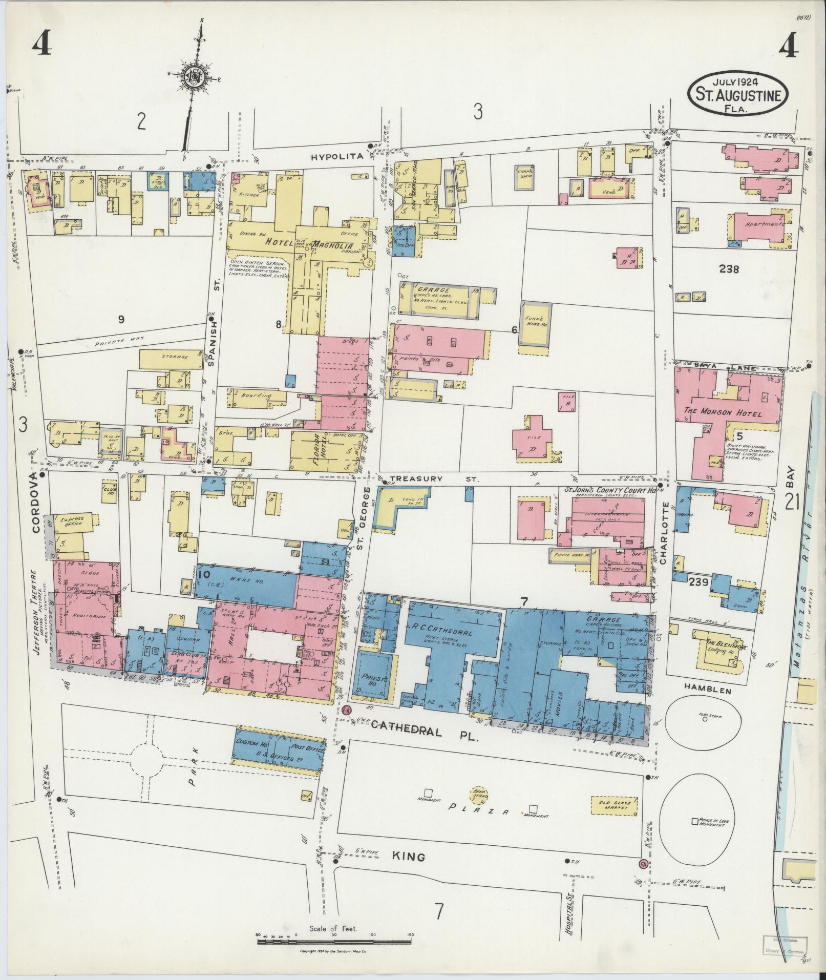 Sanborn Fire Insurance Map from Saint Augustine, Saint John's County, Florida (1924), Sheet #0004 - Historic Sanborn Fire Insurance Map Print, vintage old map wall art, antique decor, genealogy gift, Florida Florida map