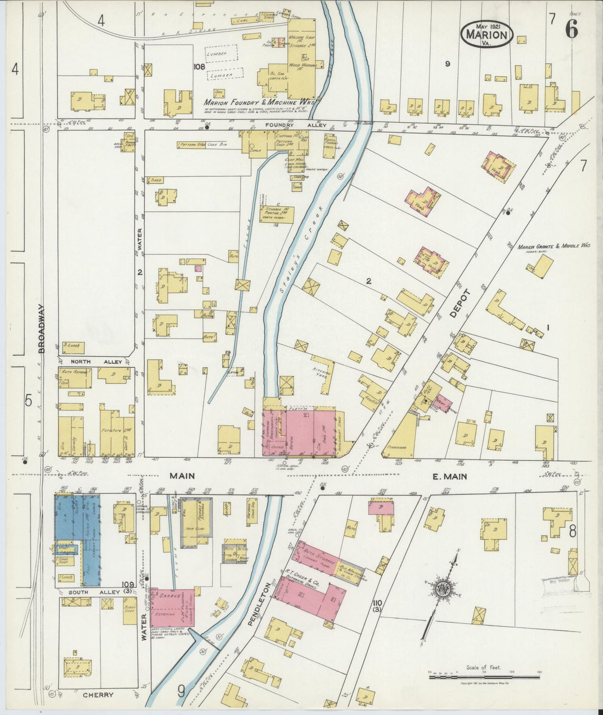 Sanborn Fire Insurance Map from Marion, Smyth County, Virginia (1921), Sheet #0006 - Historic Sanborn Fire Insurance Map Print, vintage old map wall art, antique decor, genealogy gift, Virginia Virginia map