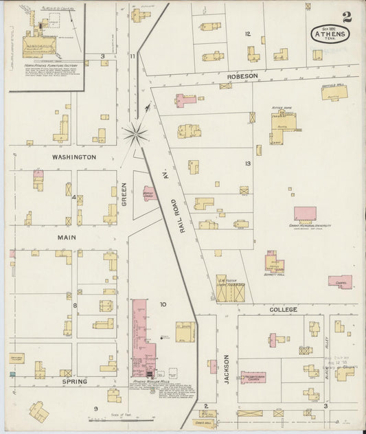 Sanborn Fire Insurance Map from Athens, McMinn County, Tennessee (1892), Sheet #0002 - Historic Sanborn Fire Insurance Map Print, vintage old map wall art, antique decor, genealogy gift, Tennessee Tennessee map