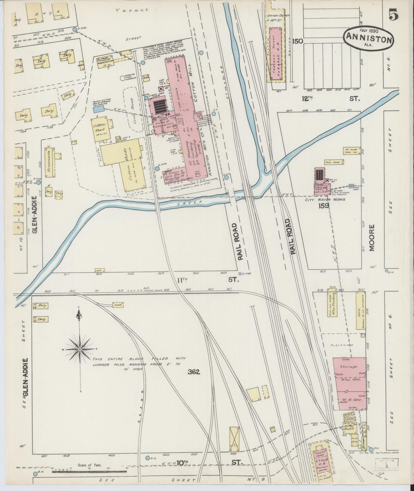 Sanborn Fire Insurance Map from Anniston, Calhoun County, Alabama (1890), Sheet #0005 - Complete Map Set gallery image, historic Sanborn map, vintage wall art, Alabama Alabama
