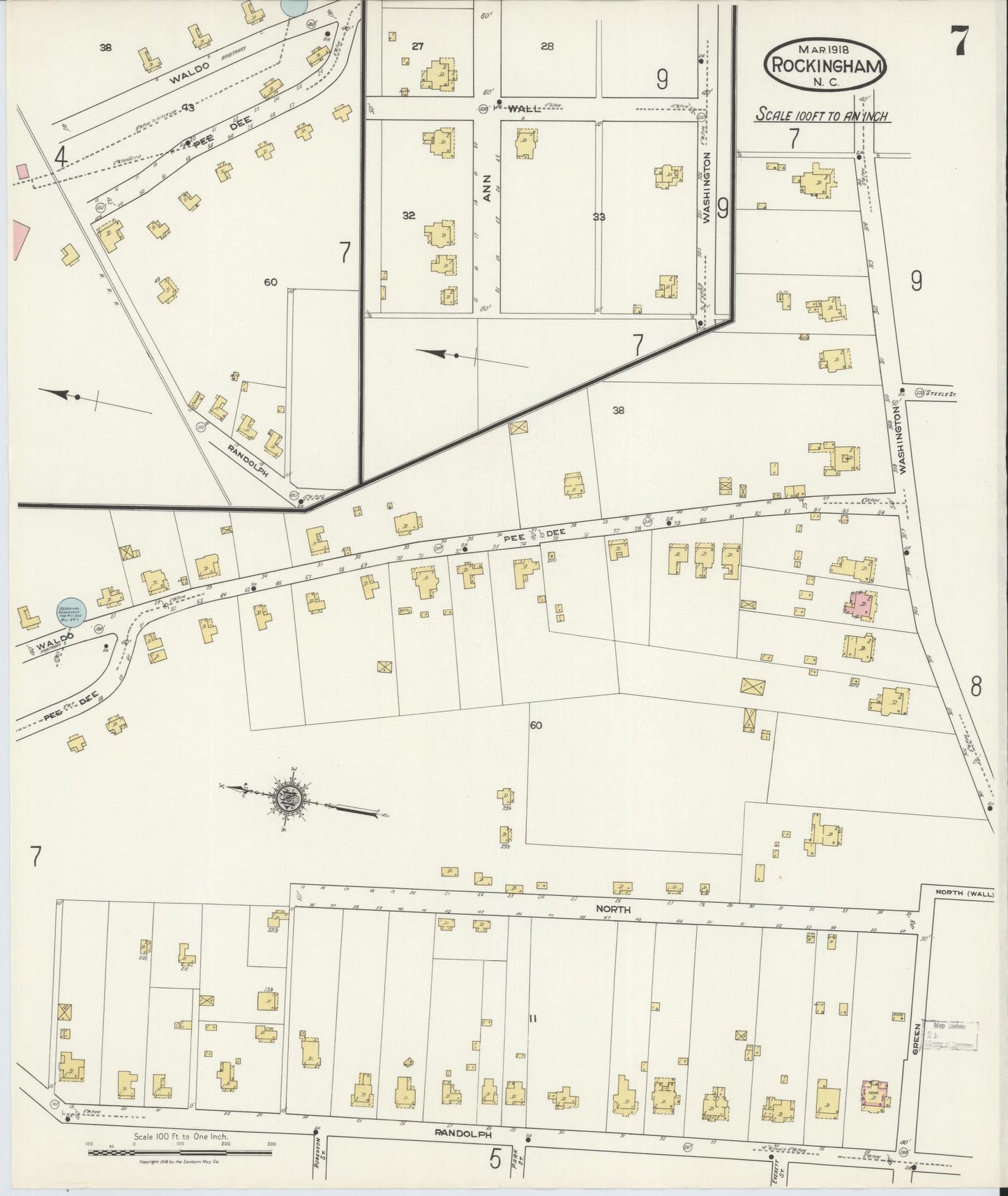 Sanborn Fire Insurance Map from Rockingham, Richmond County, North Carolina (1918), Sheet #0007 - Complete Map Set gallery image, historic Sanborn map, vintage wall art, North Carolina North Carolina