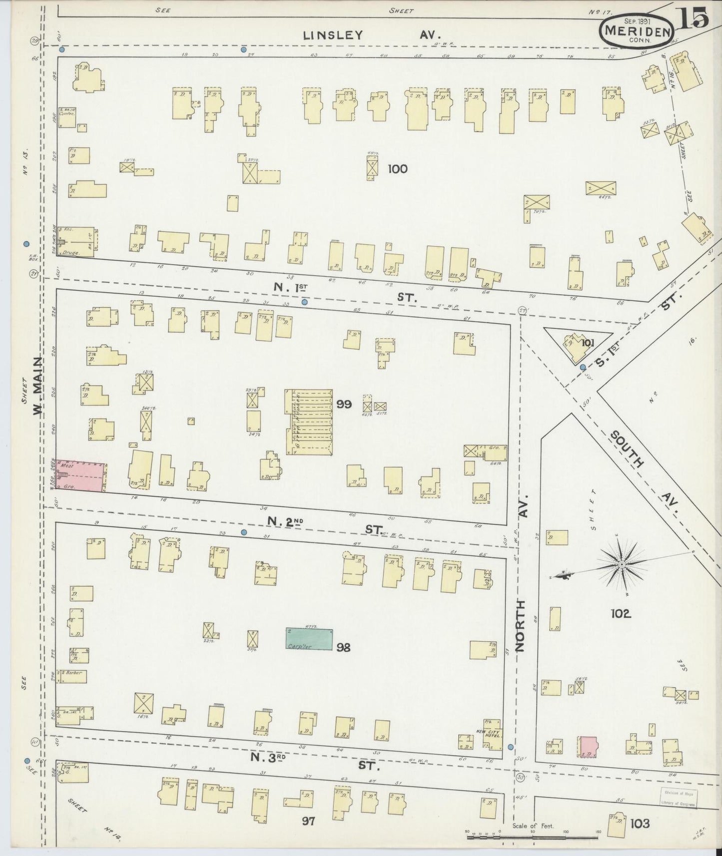 Sanborn Fire Insurance Map from Meriden, New Haven County, Connecticut (1891), Sheet #0015 - Complete Map Set gallery image, historic Sanborn map, vintage wall art, Connecticut Connecticut