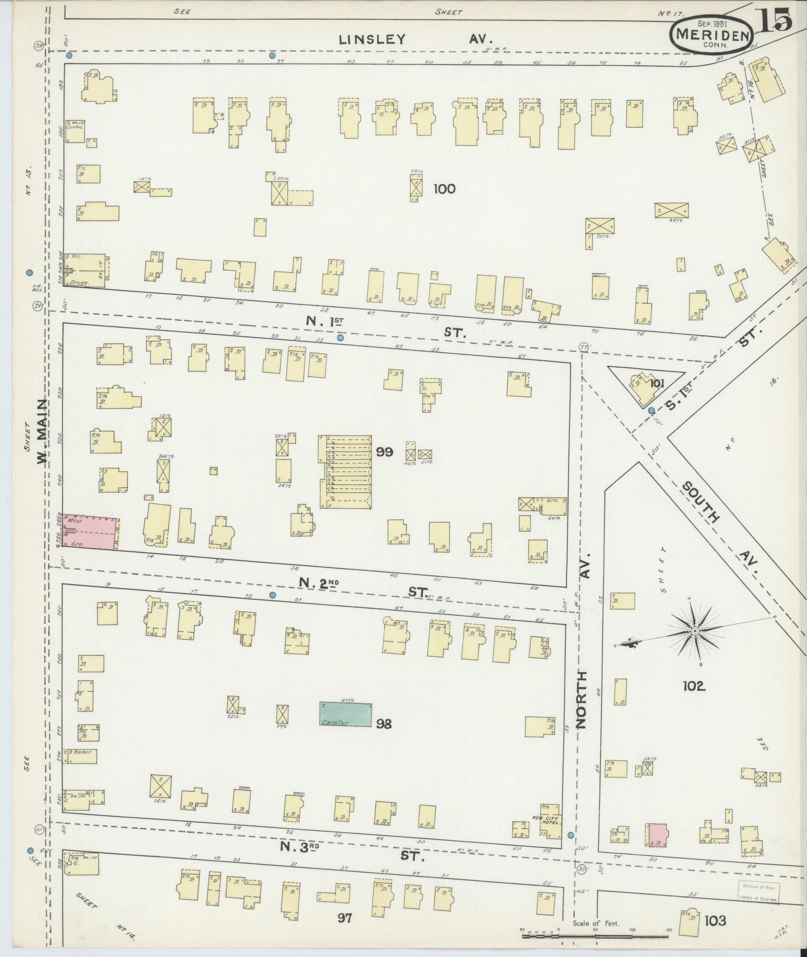 Sanborn Fire Insurance Map from Meriden, New Haven County, Connecticut (1891), Sheet #0015 - Complete Map Set gallery image, historic Sanborn map, vintage wall art, Connecticut Connecticut
