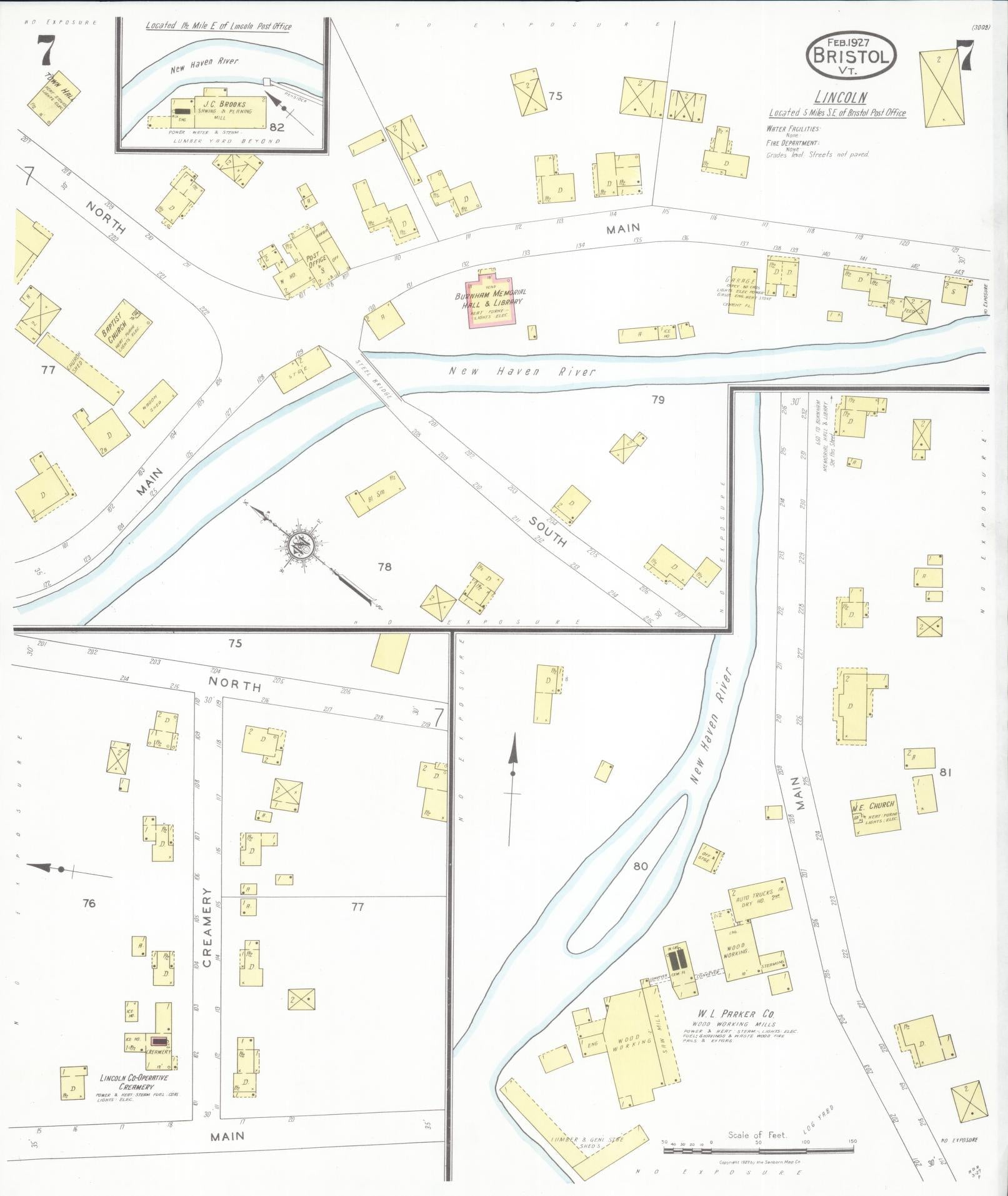 Sanborn Fire Insurance Map from Bristol, Addison County, Vermont (1927), Sheet #0007 - Historic Sanborn Fire Insurance Map Print, vintage old map wall art, antique decor, genealogy gift, Vermont Vermont map