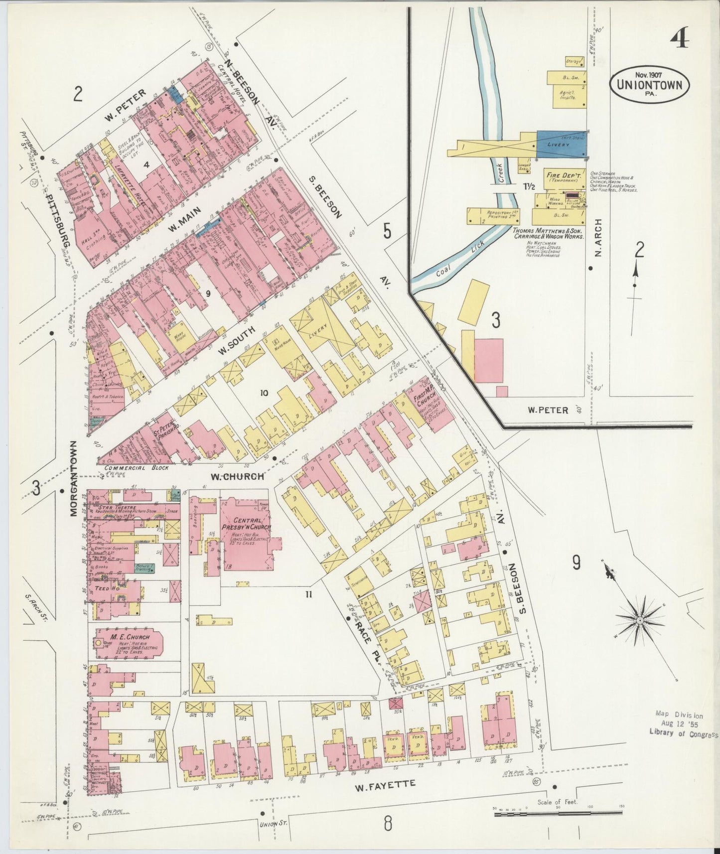 Sanborn Fire Insurance Map from Uniontown, Fayette County, Pennsylvania (1907), Sheet #0004 - Historic Sanborn Fire Insurance Map Print, vintage old map wall art, antique decor, genealogy gift, Pennsylvania Pennsylvania map
