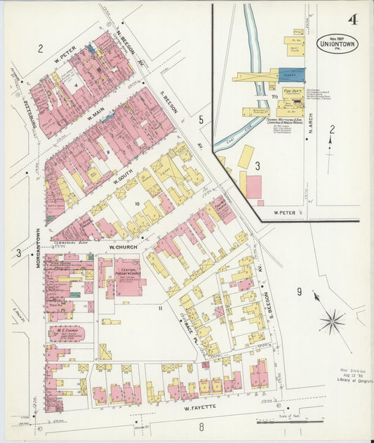 Sanborn Fire Insurance Map from Uniontown, Fayette County, Pennsylvania (1907), Sheet #0004 - Historic Sanborn Fire Insurance Map Print, vintage old map wall art, antique decor, genealogy gift, Pennsylvania Pennsylvania map