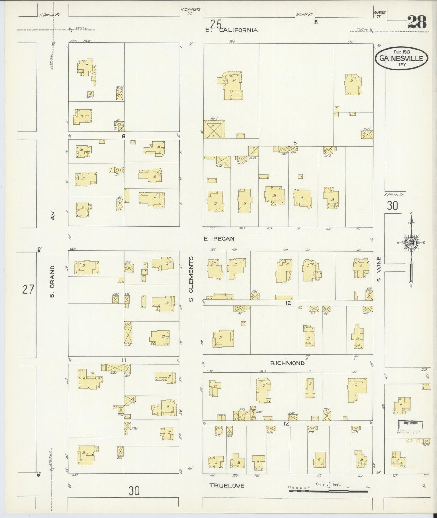 Sanborn Fire Insurance Map from Gainesville, Cooke County, Texas (1913), Sheet #0028 - Complete Map Set gallery image, historic Sanborn map, vintage wall art, Texas Texas