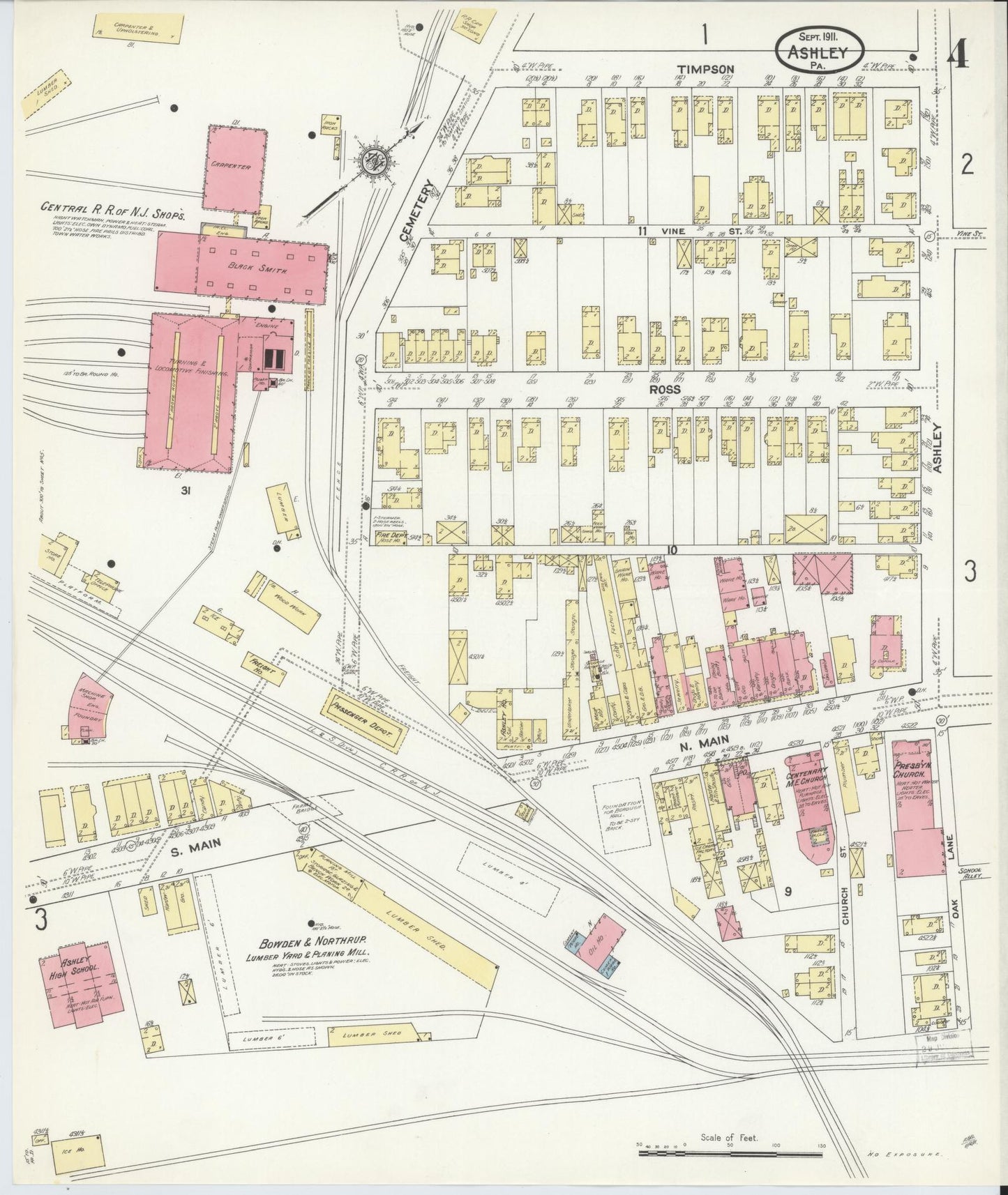 Sanborn Fire Insurance Map from Ashley, Luzerne County, Pennsylvania (1911), Sheet #0004 - Historic Sanborn Fire Insurance Map Print, vintage old map wall art, antique decor, genealogy gift, Pennsylvania Pennsylvania map