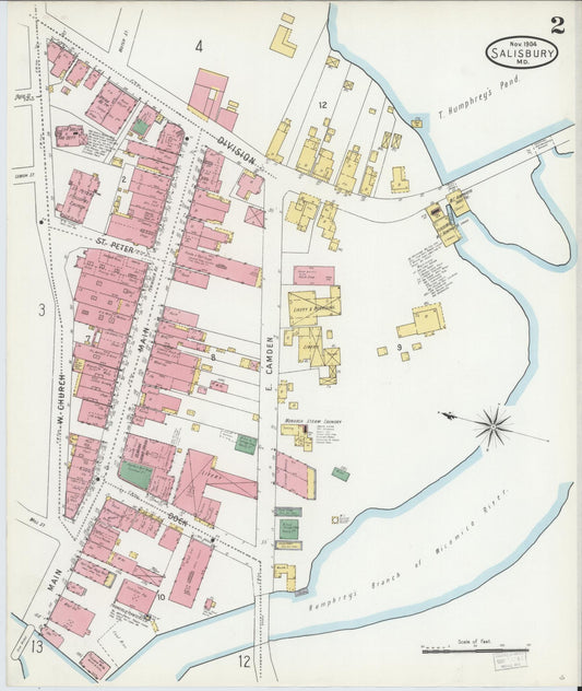 Sanborn Fire Insurance Map from Salisbury, Wicomico County, Maryland (1904), Sheet #0002 - Historic Sanborn Fire Insurance Map Print, vintage old map wall art