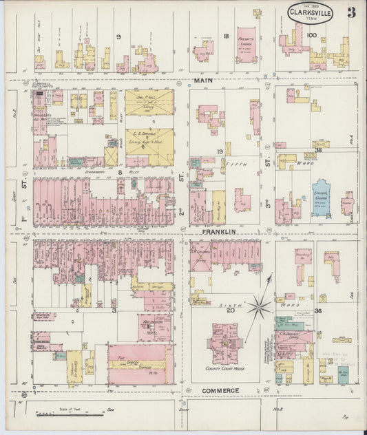 Sanborn Fire Insurance Map from Clarksville, Montgomery County, Tennessee (1889), Sheet #0003 - Historic Sanborn Fire Insurance Map Print, vintage old map wall art, antique decor, genealogy gift, Tennessee Tennessee map