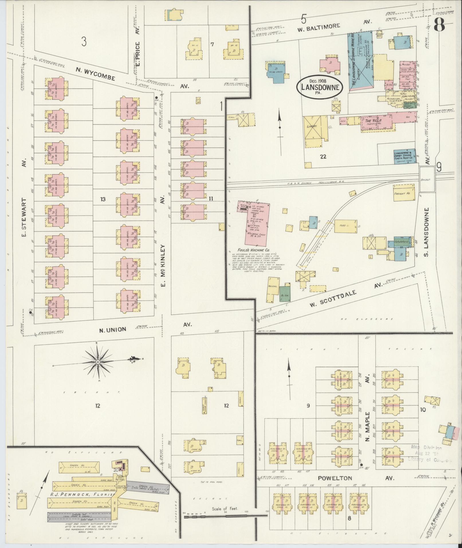 Sanborn Fire Insurance Map from Lansdowne, Delaware County, Pennsylvania (1908), Sheet #0008 - Historic Sanborn Fire Insurance Map Print, vintage old map wall art, antique decor, genealogy gift, Lansdowne Delaware map