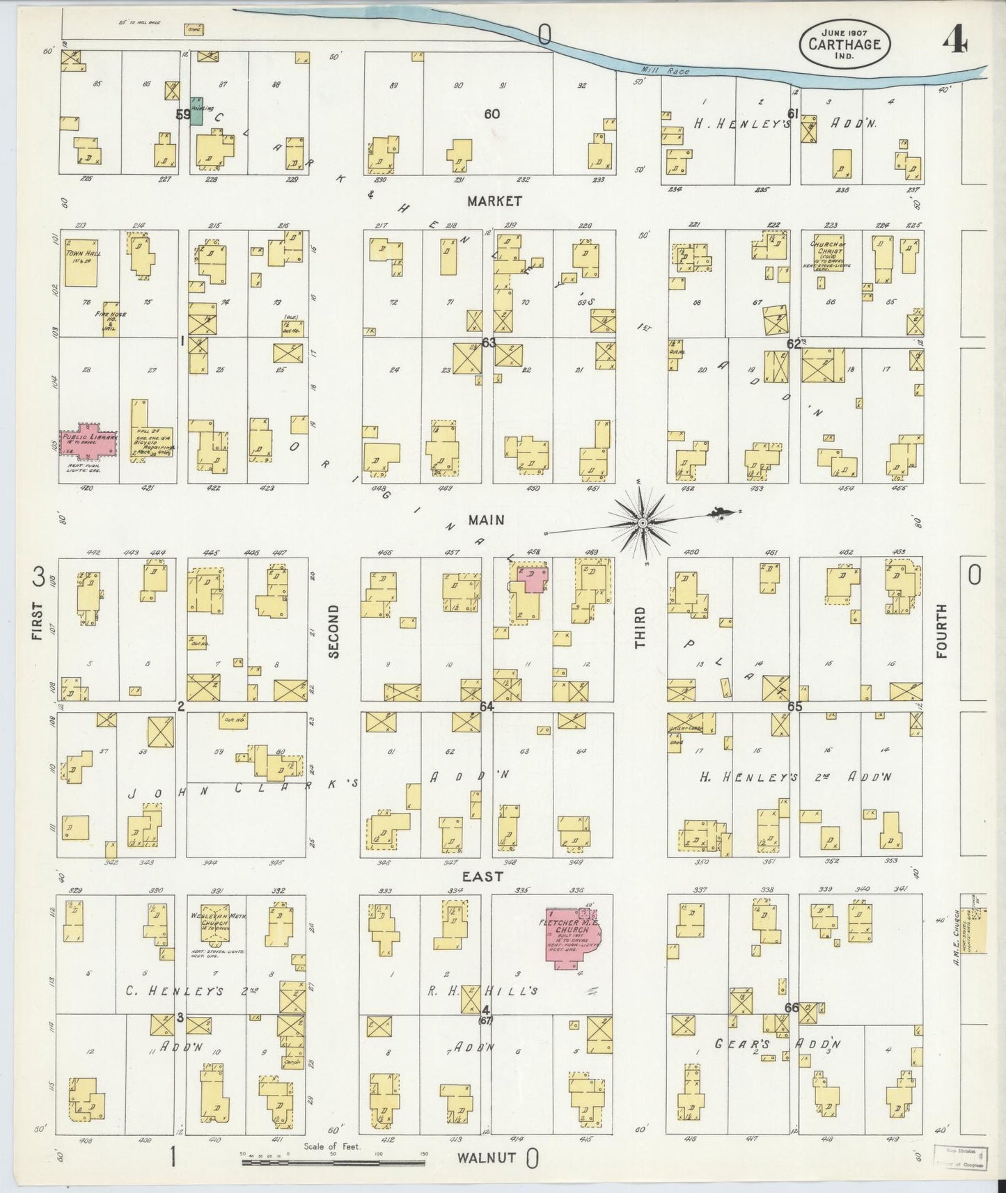 Sanborn Fire Insurance Map from Carthage, Rush County, Indiana (1907), Sheet #0004 - Complete Map Set gallery image, historic Sanborn map, vintage wall art, Indiana Indiana