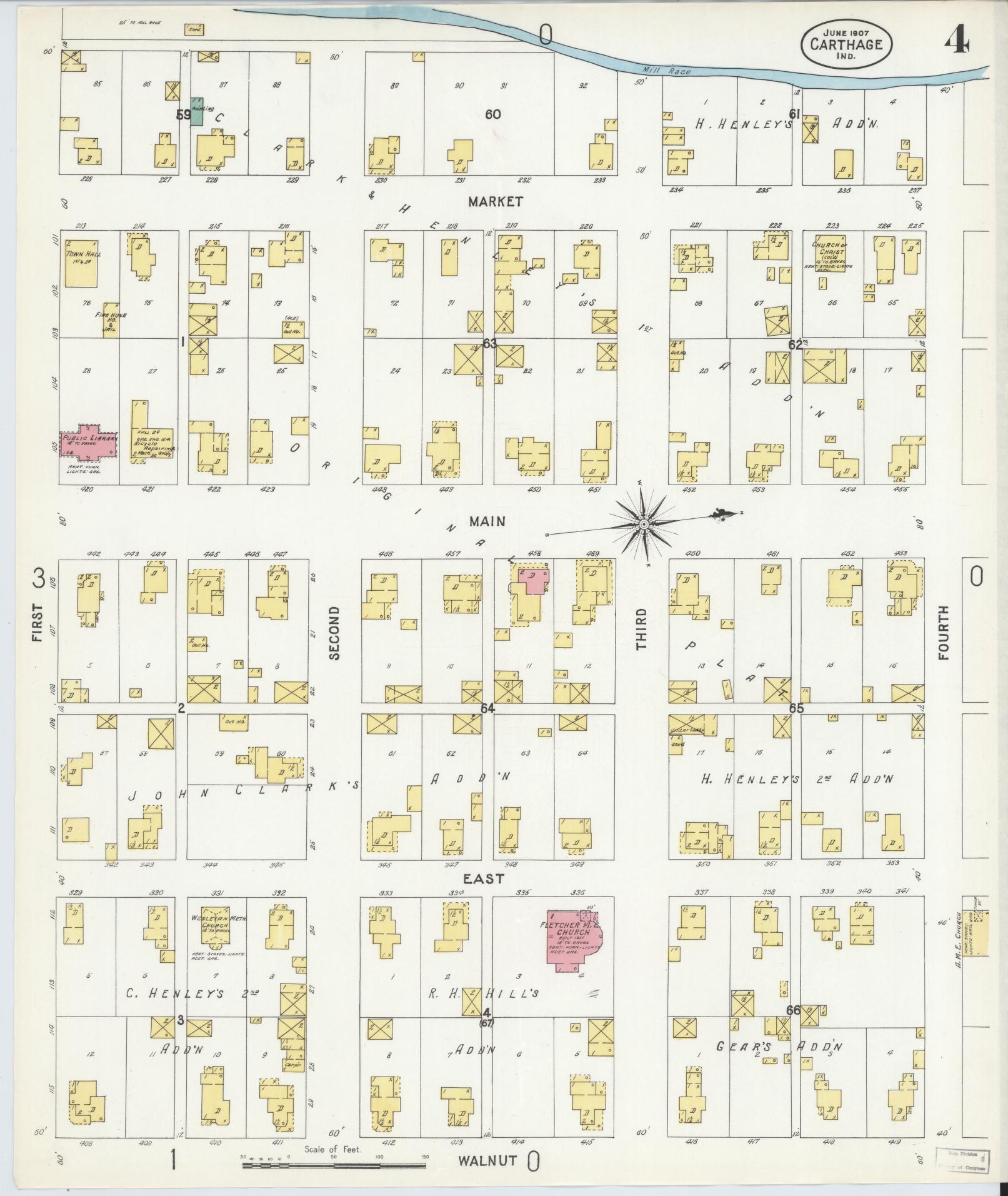 Sanborn Fire Insurance Map from Carthage, Rush County, Indiana (1907), Sheet #0004 - Complete Map Set gallery image, historic Sanborn map, vintage wall art, Indiana Indiana