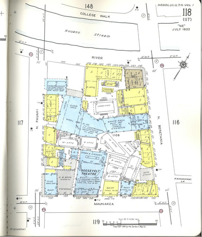 Sanborn Fire Insurance Map from Honolulu, Oahu County, Hawaii (1955), Sheet #0118 - Historic Sanborn Fire Insurance Map Print, vintage old map wall art