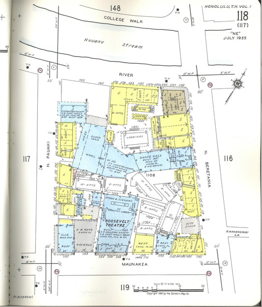 Sanborn Fire Insurance Map from Honolulu, Oahu County, Hawaii (1955), Sheet #0118 - Historic Sanborn Fire Insurance Map Print, vintage old map wall art