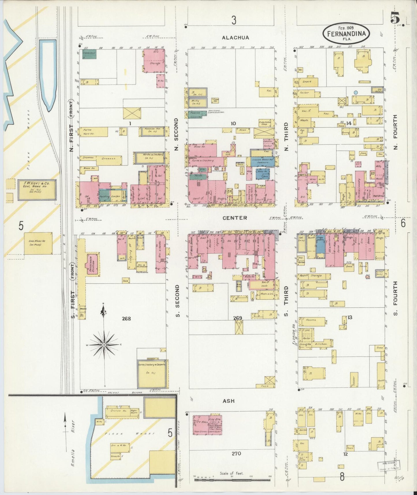 Sanborn Fire Insurance Map from Fernandina, Nassau County, Florida (1909), Sheet #0005 - Historic Sanborn Fire Insurance Map Print, vintage old map wall art, antique decor, genealogy gift, Florida Florida map