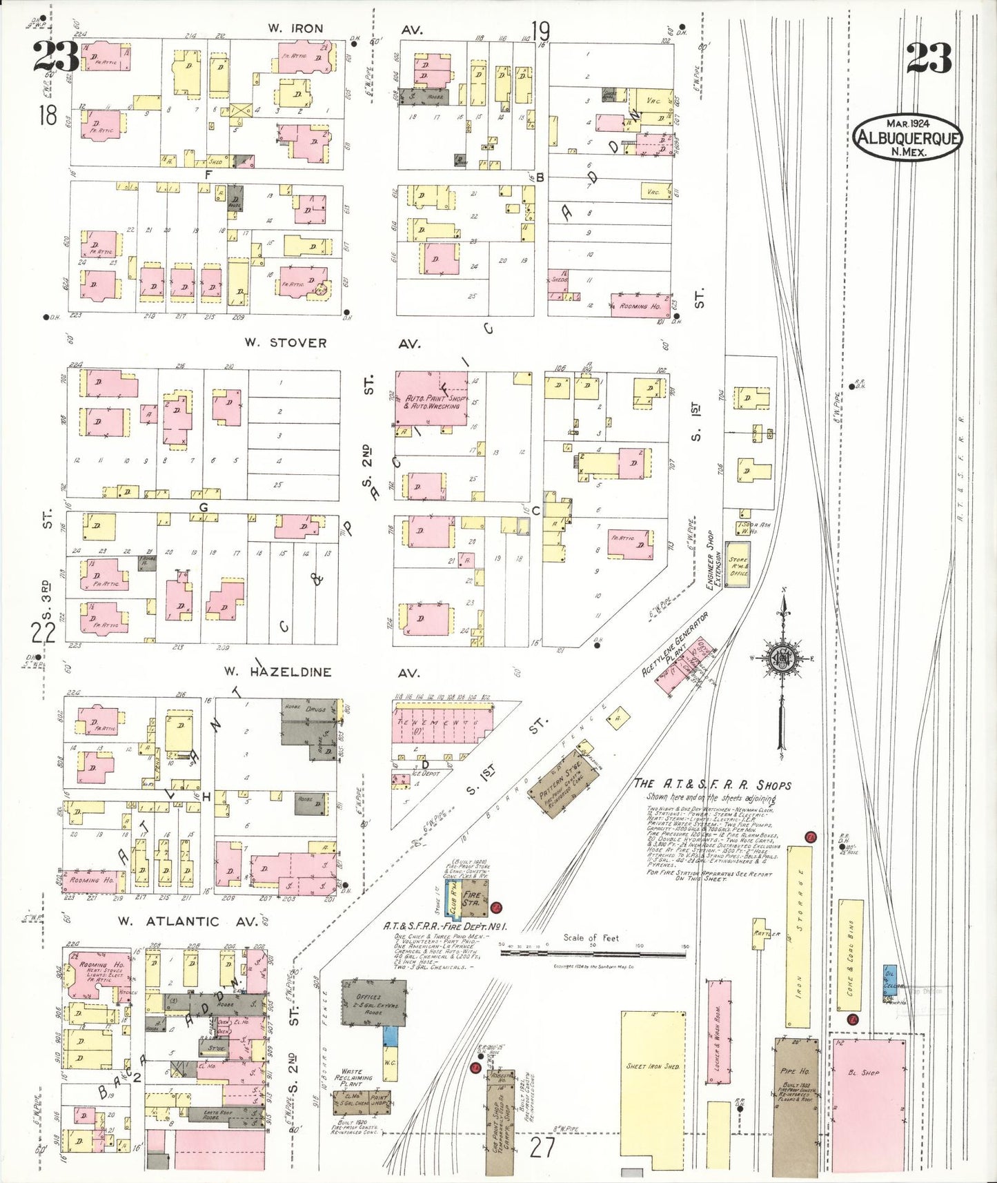 Sanborn Fire Insurance Map from Albuquerque, Bernalillo County, New Mexico (1924), Sheet #0023 - Historic Sanborn Fire Insurance Map Print, vintage old map wall art, antique decor, genealogy gift, New Mexico New Mexico map