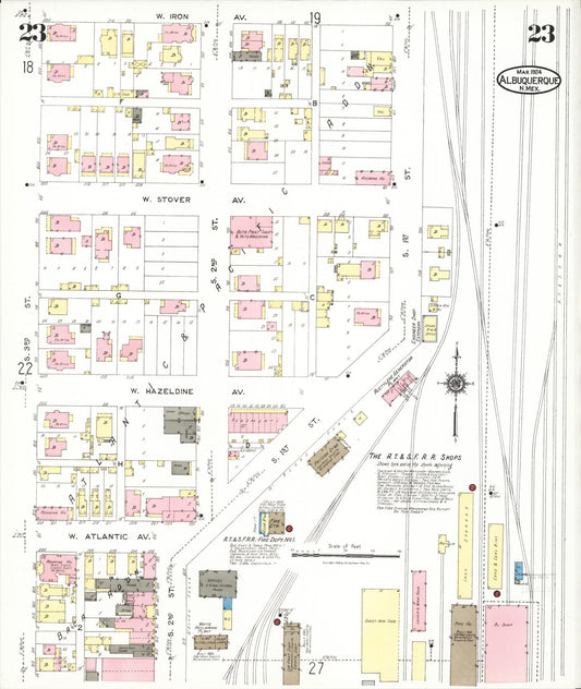 Sanborn Fire Insurance Map from Albuquerque, Bernalillo County, New Mexico (1924), Sheet #0023 - Historic Sanborn Fire Insurance Map Print, vintage old map wall art, antique decor, genealogy gift, New Mexico New Mexico map