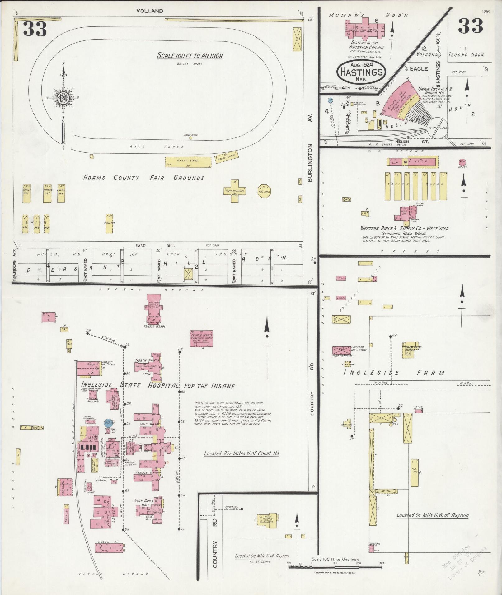 Sanborn Fire Insurance Map from Hastings, Adams County, Nebraska (1924), Sheet #0033 - Historic Sanborn Fire Insurance Map Print, vintage old map wall art, antique decor, genealogy gift, Nebraska Nebraska map