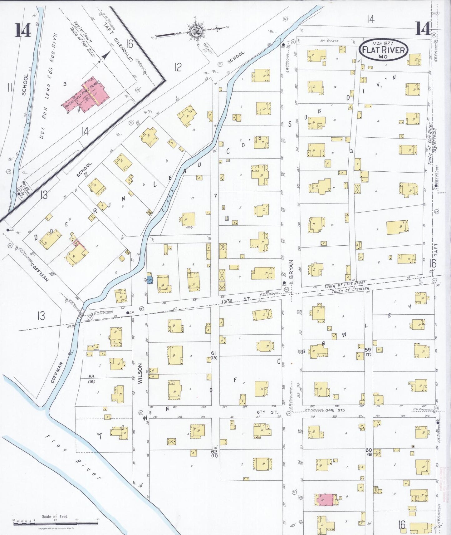 Sanborn Fire Insurance Map from Flat River, Saint Francois County, Missouri (1927), Sheet #0014 - Historic Sanborn Fire Insurance Map Print, vintage old map wall art, antique decor, genealogy gift, Missouri Missouri map