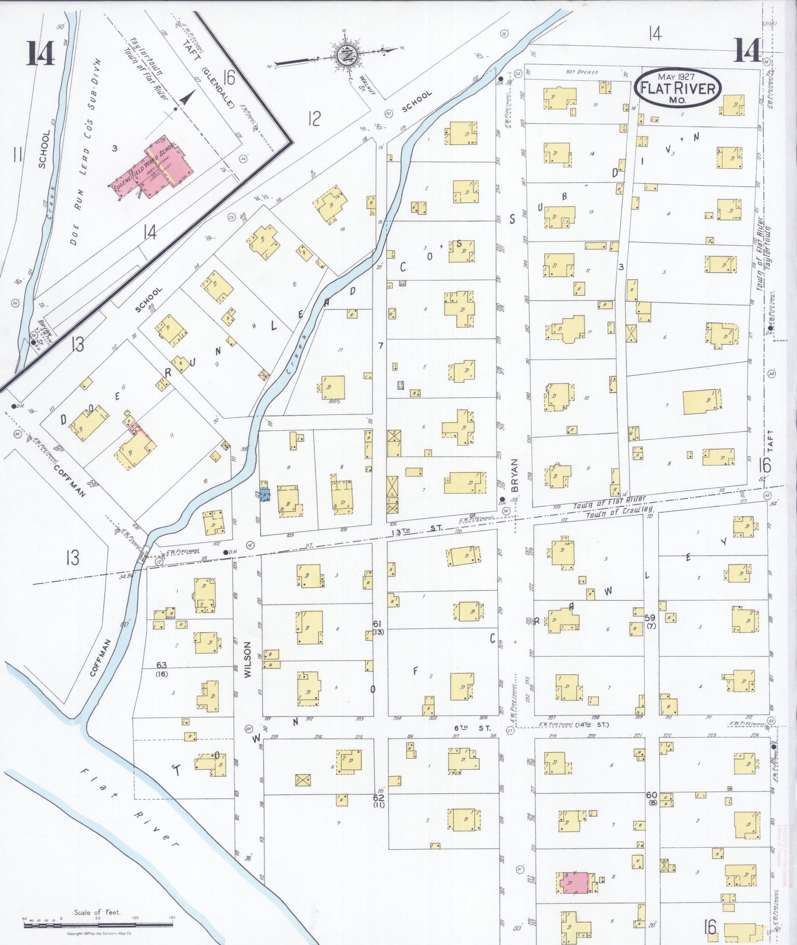 Sanborn Fire Insurance Map from Flat River, Saint Francois County, Missouri (1927), Sheet #0014 - Historic Sanborn Fire Insurance Map Print, vintage old map wall art, antique decor, genealogy gift, Missouri Missouri map