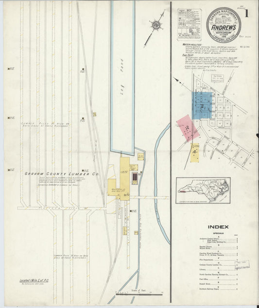 Sanborn Fire Insurance Map from Andrews, Cherokee County, North Carolina (1916), Sheet #0001 - Historic Sanborn Fire Insurance Map Print, vintage old map wall art, antique decor, genealogy gift, North Carolina North Carolina map