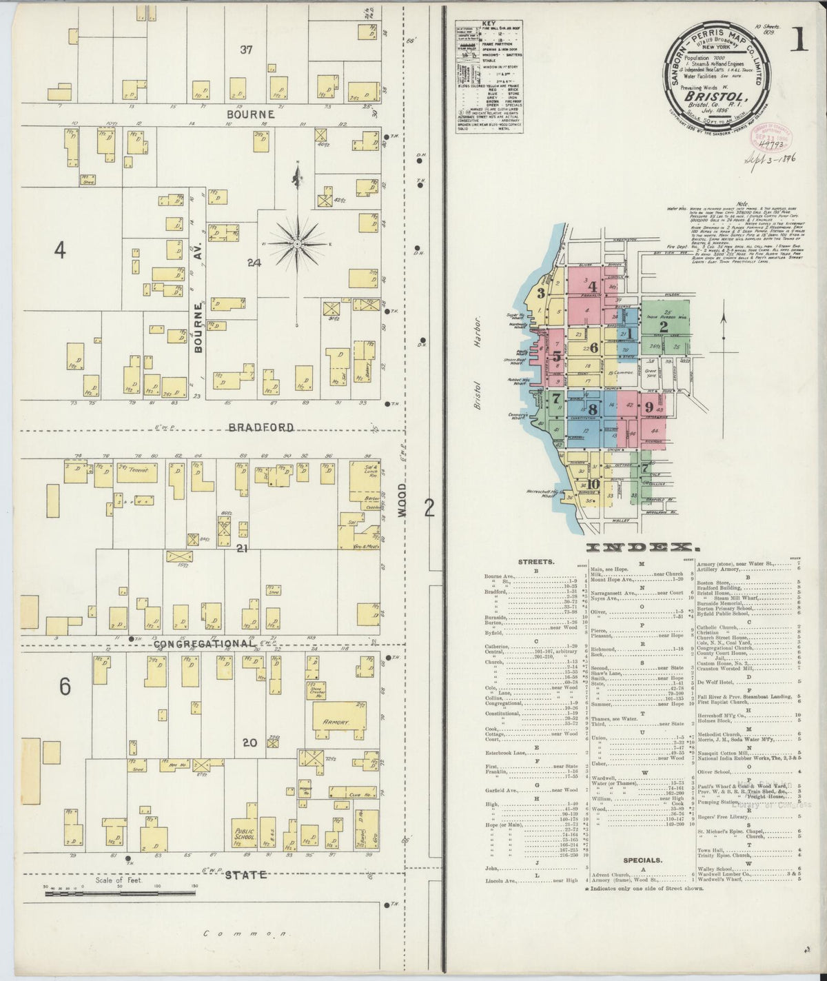 Sanborn Fire Insurance Map from Bristol, Bristol County, Rhode Island (1896), Sheet #0001 - Complete Map Set gallery image, historic Sanborn map, vintage wall art, Rhode Island Rhode Island