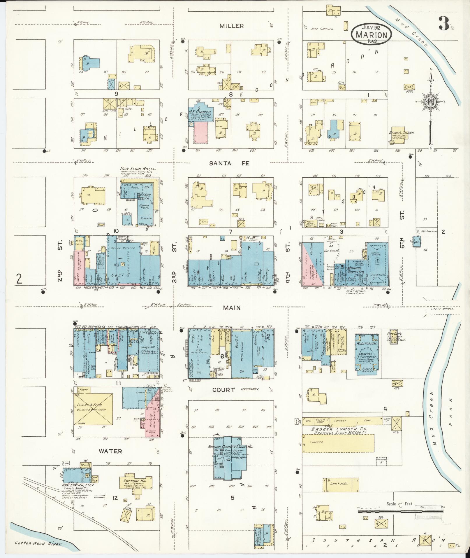 Sanborn Fire Insurance Map from Marion, Marion County, Kansas (1912), Sheet #0003 - Complete Map Set gallery image, historic Sanborn map, vintage wall art, Kansas Kansas