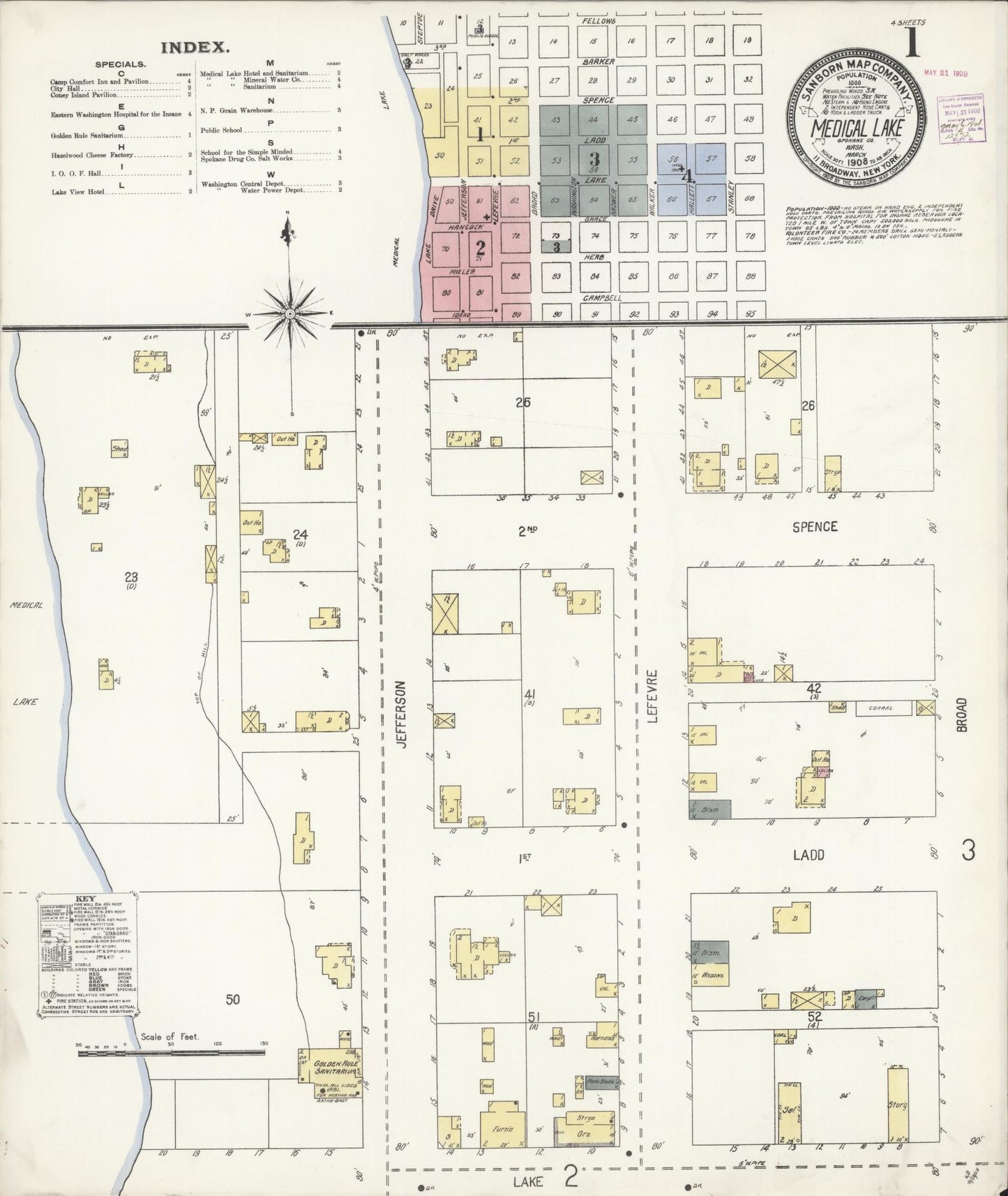 Sanborn Fire Insurance Map from Medical Lake, Spokane County, Washington (1908), Sheet #0001 - Complete Map Set gallery image, historic Sanborn map, vintage wall art, Washington Washington
