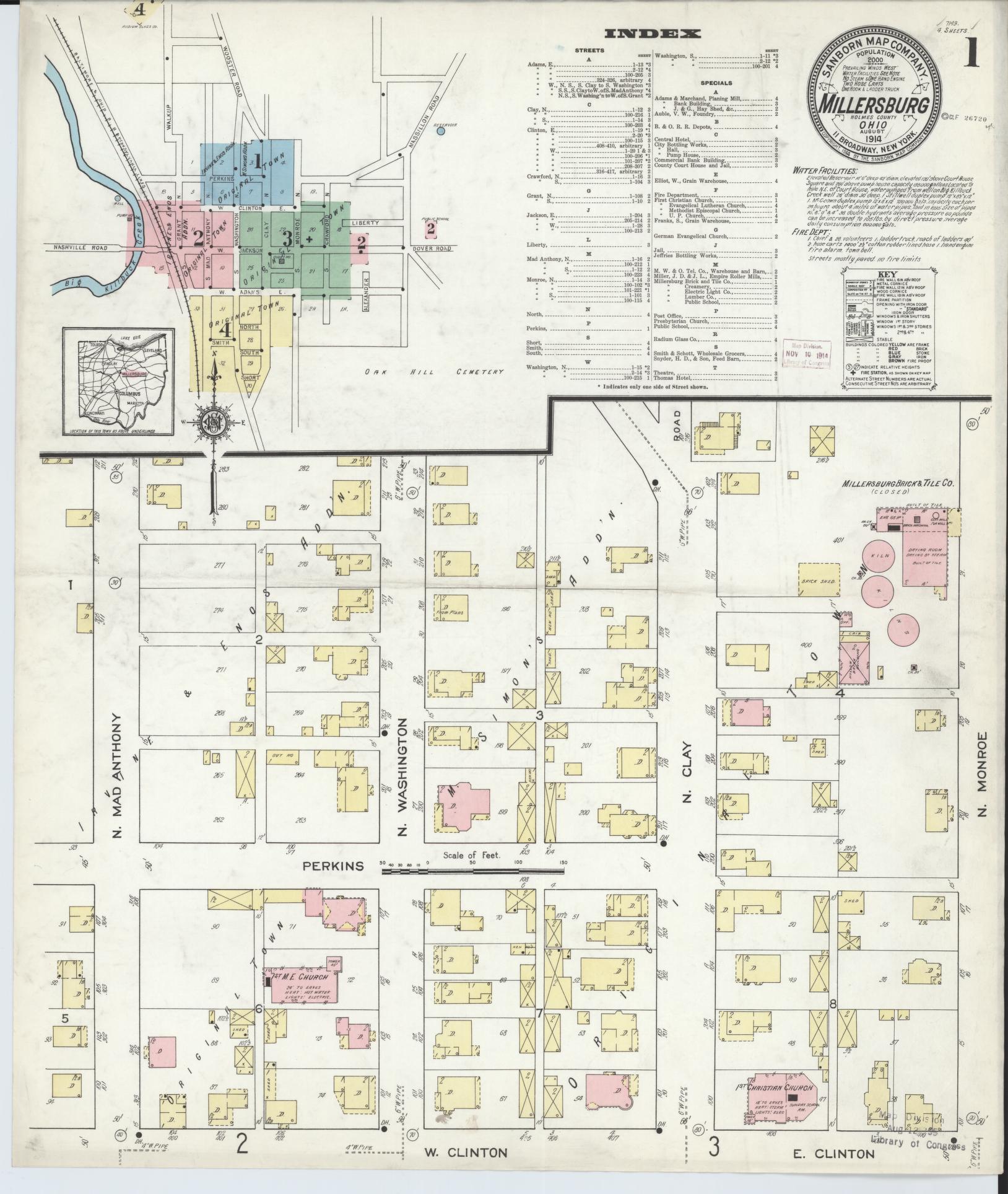 Sanborn Fire Insurance Map from Millersburg, Holmes County, Ohio (1914), Sheet #0001 - Historic Sanborn Fire Insurance Map Print, vintage old map wall art, antique decor, genealogy gift, Ohio Ohio map