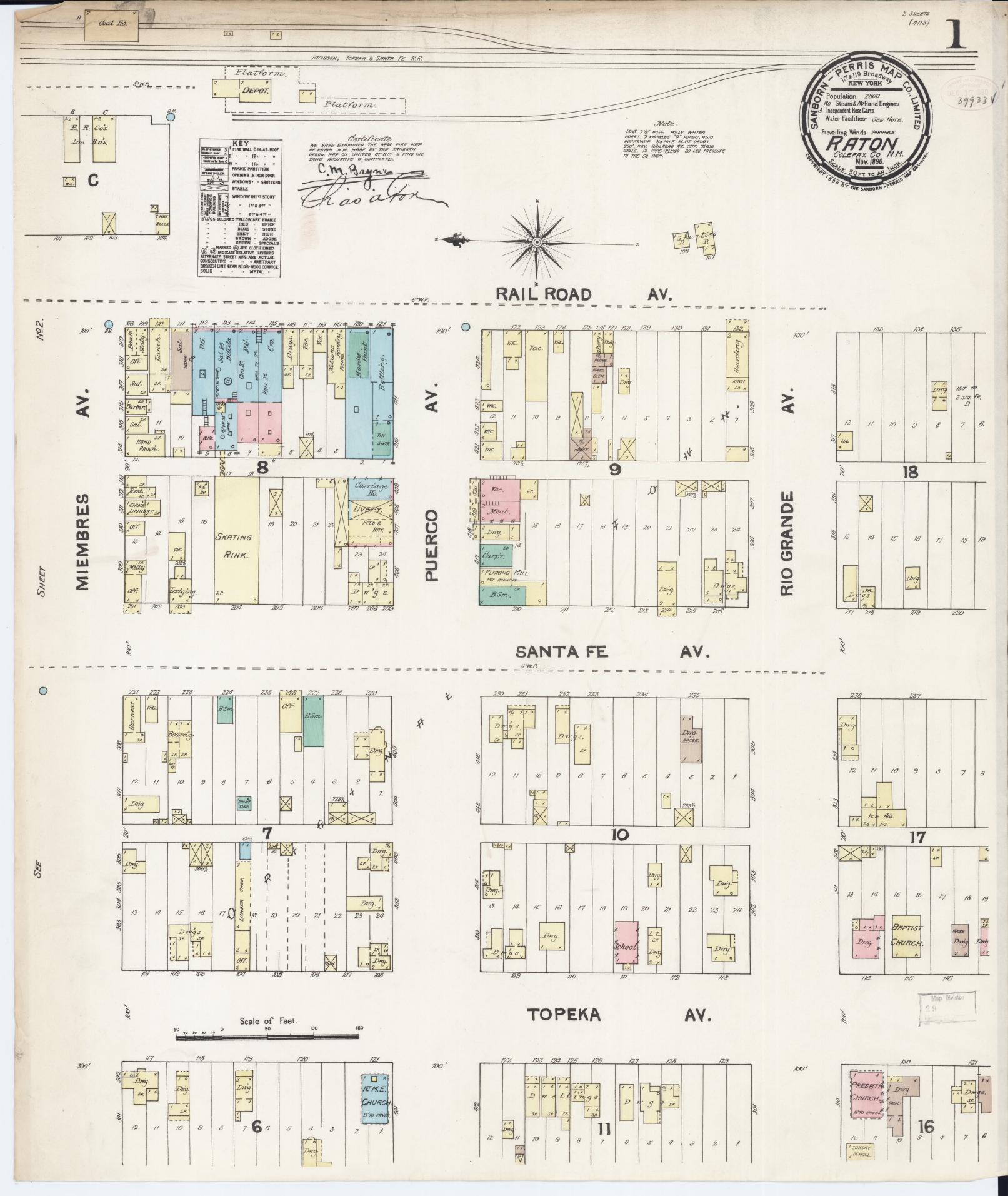 Sanborn Fire Insurance Map from Raton, Colfax County, New Mexico (1890), Sheet #0001 - Complete Map Set gallery image, historic Sanborn map, vintage wall art, New Mexico New Mexico