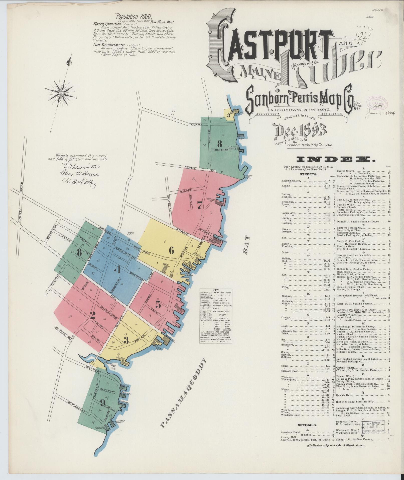 Sanborn Fire Insurance Map from Eastport, Washington County, Maine (1893), Sheet #0001 - Historic Sanborn Fire Insurance Map Print, vintage old map wall art, antique decor, genealogy gift, Maine Maine map