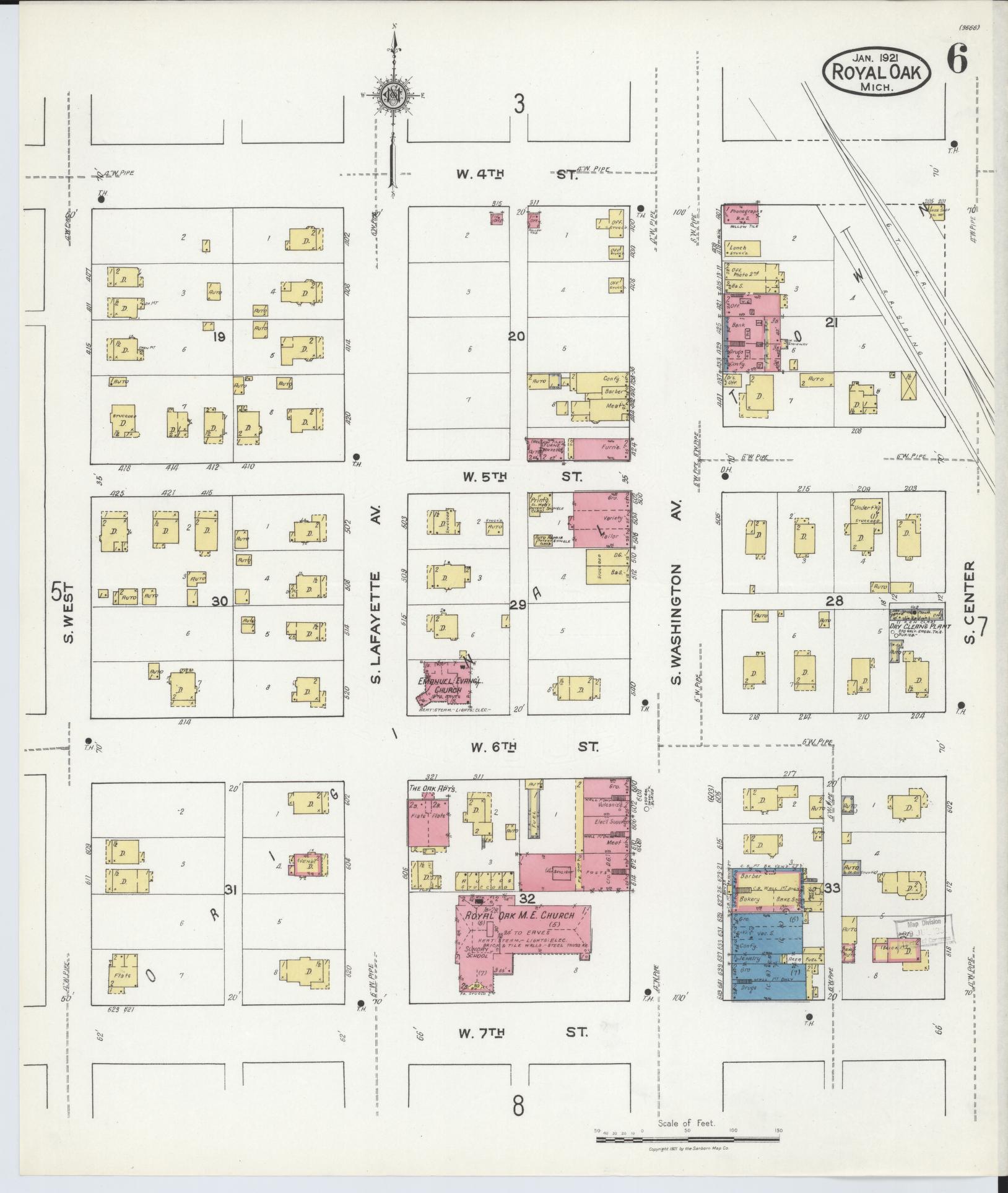 Sanborn Fire Insurance Map from Royal Oak, Oakland County, Michigan (1921), Sheet #0006 - Complete Map Set gallery image, historic Sanborn map, vintage wall art, Michigan Michigan