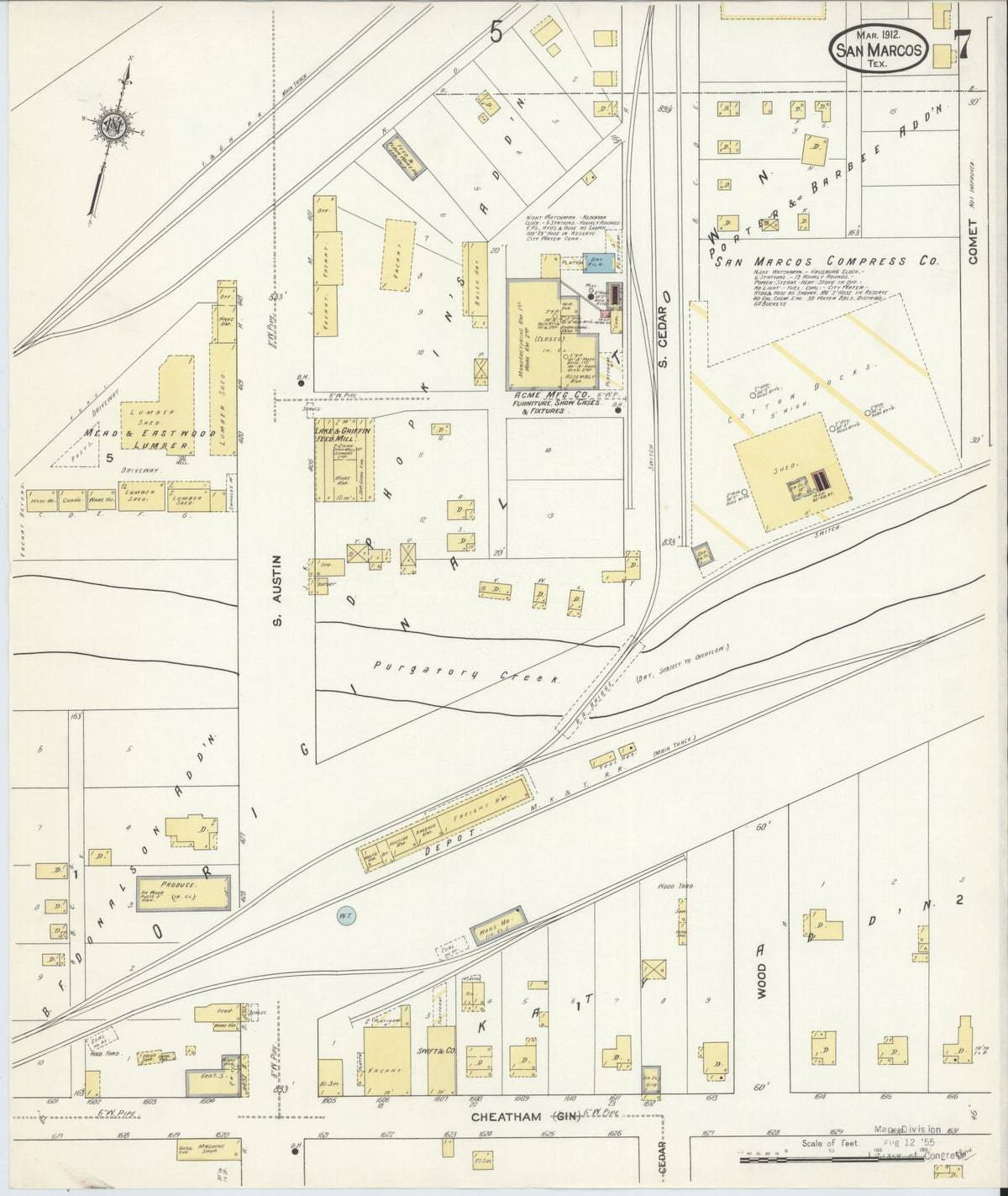 Sanborn Fire Insurance Map from San Marcos, Hays County, Texas (1912), Sheet #0007 - Complete Map Set gallery image, historic Sanborn map, vintage wall art, Texas Texas