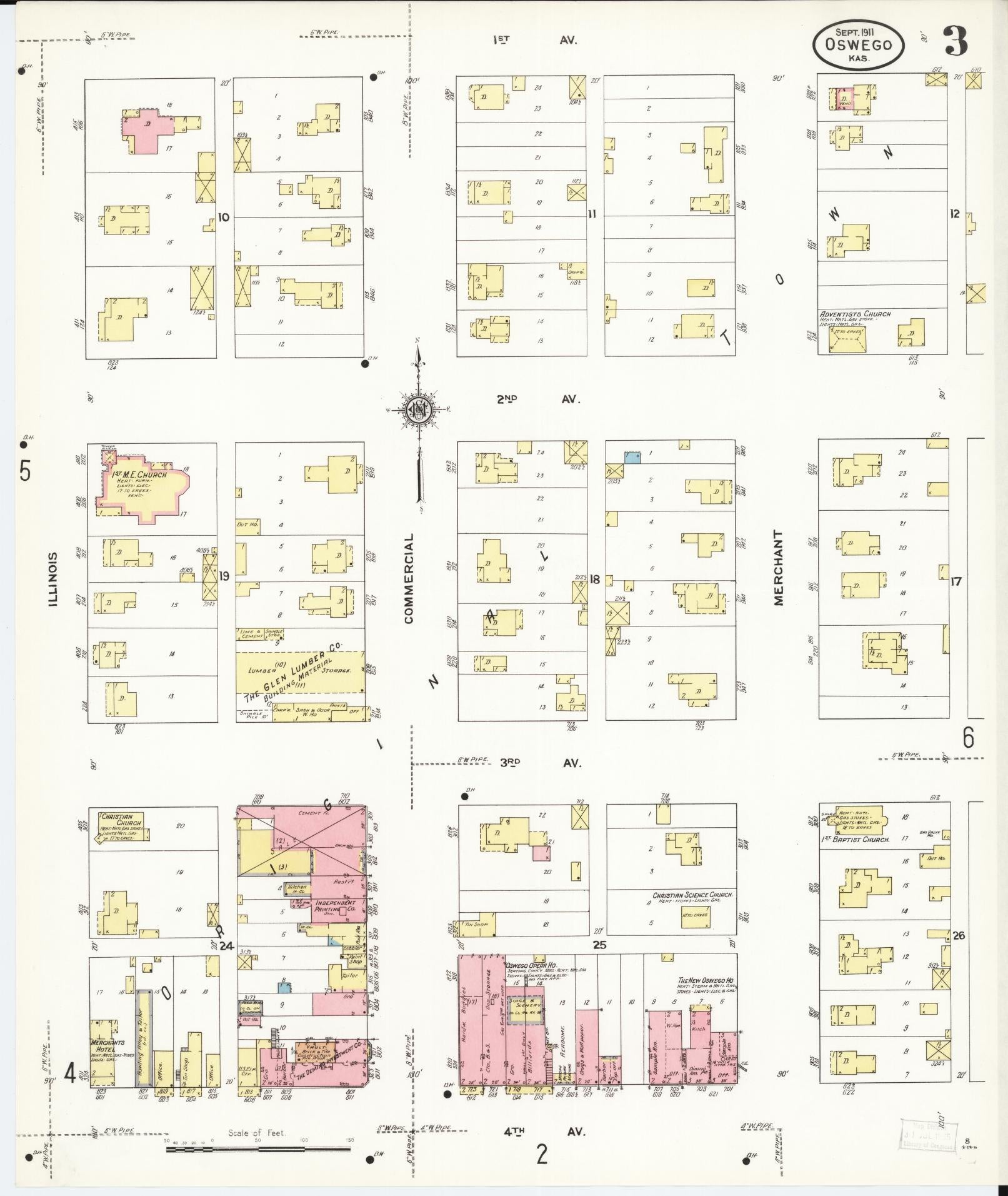 Sanborn Fire Insurance Map from Oswego, Labette County, Kansas (1911), Sheet #0003 - Complete Map Set gallery image, historic Sanborn map, vintage wall art, Kansas Kansas