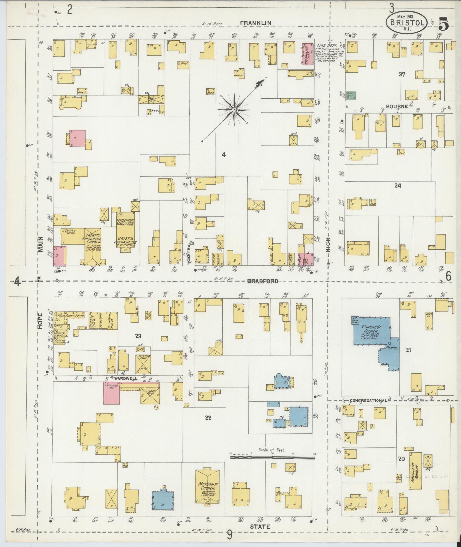 Sanborn Fire Insurance Map from Bristol, Bristol County, Rhode Island (1903), Sheet #0005 - Historic Sanborn Fire Insurance Map Print, vintage old map wall art, antique decor, genealogy gift, Rhode Island Rhode Island map